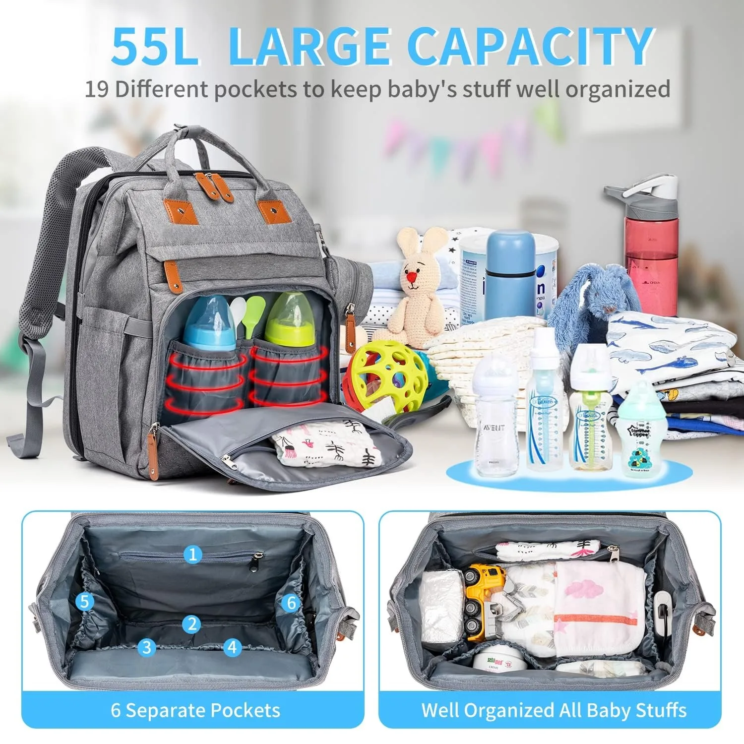 Baby Diaper Bags with Changing Station, Waterproof Large Capacity Diaper Bag Backpack for Moms Dads with USB Charging Port and Stroller Straps, Baby Shower Gifts ,Pink,Green,Blue
