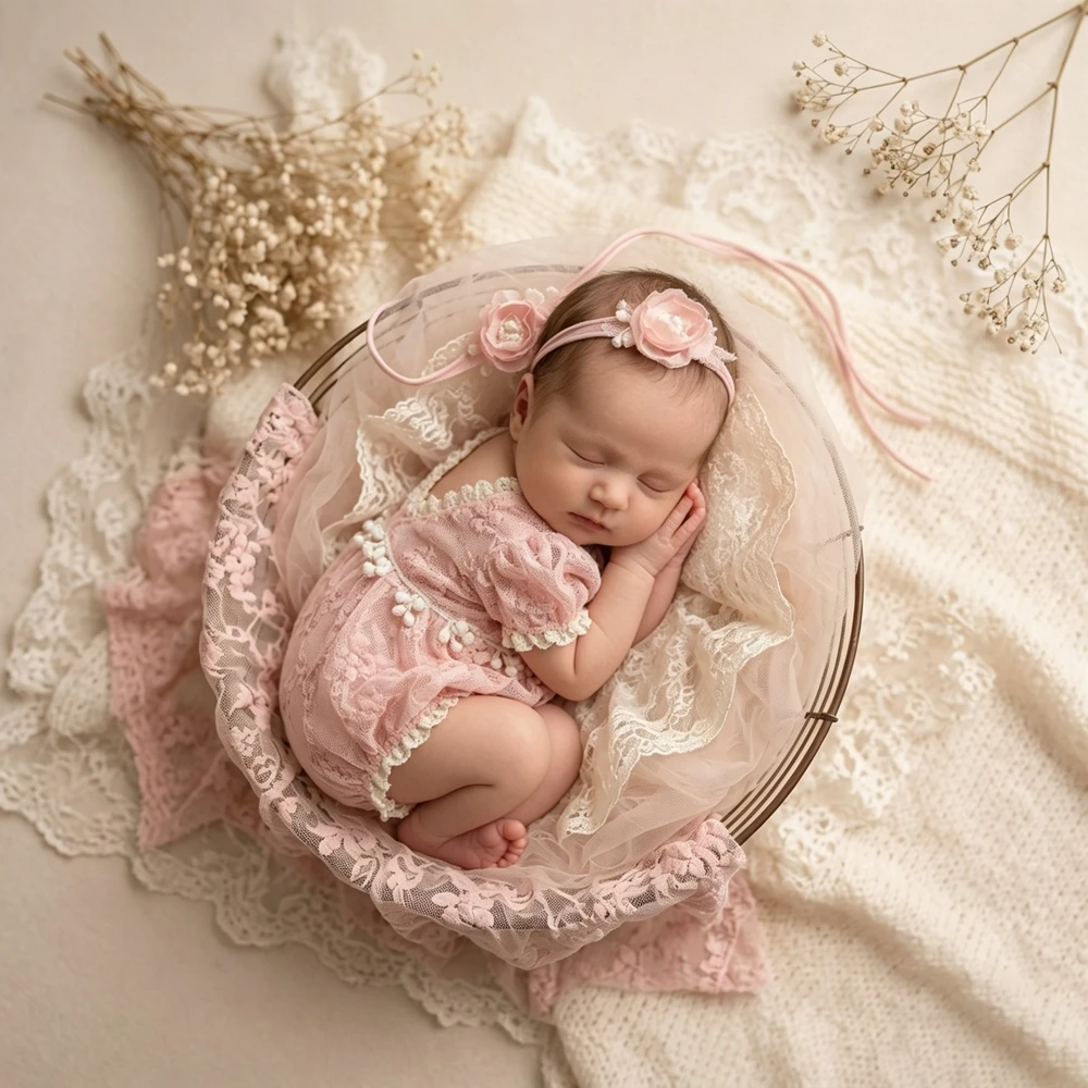 Newborn Photography Props Girl Pink Lace Romper Infant Photoshoot Outfit Vintage Princess Baby Bodysuit Studio Clothes