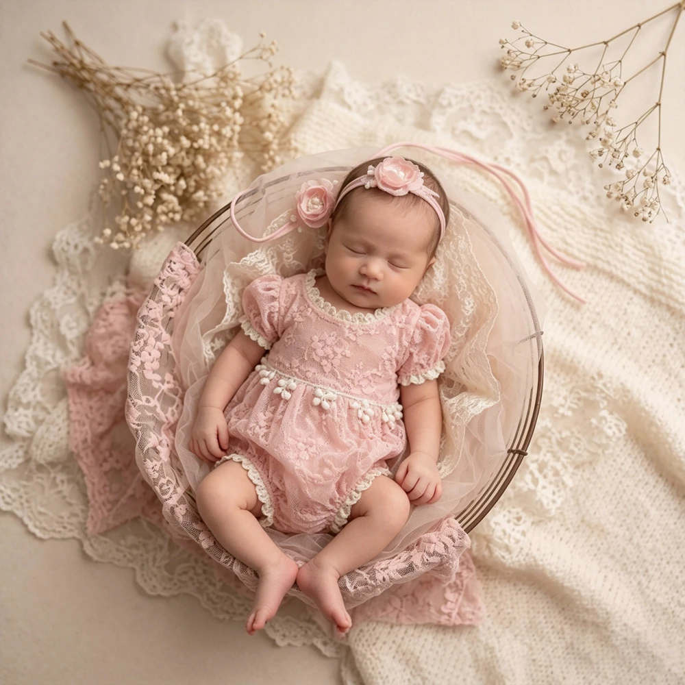 Newborn Photography Props Girl Pink Lace Romper Infant Photoshoot Outfit Vintage Princess Baby Bodysuit Studio Clothes