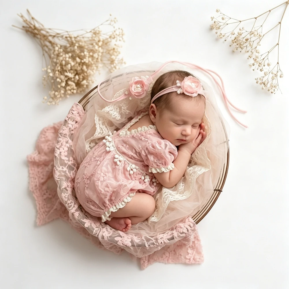 Newborn Photography Props Girl Pink Lace Romper Infant Photoshoot Outfit Vintage Princess Baby Bodysuit Studio Clothes