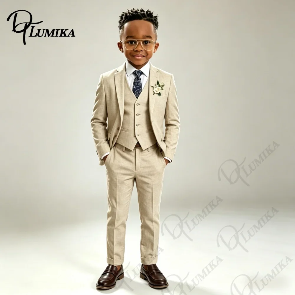 Luxury Beige Linen Kids Tuxedo Set Blue Floral Tie Comfortable 3 Piece Formal Suit for Wedding Ring Bearer All Special Occasions