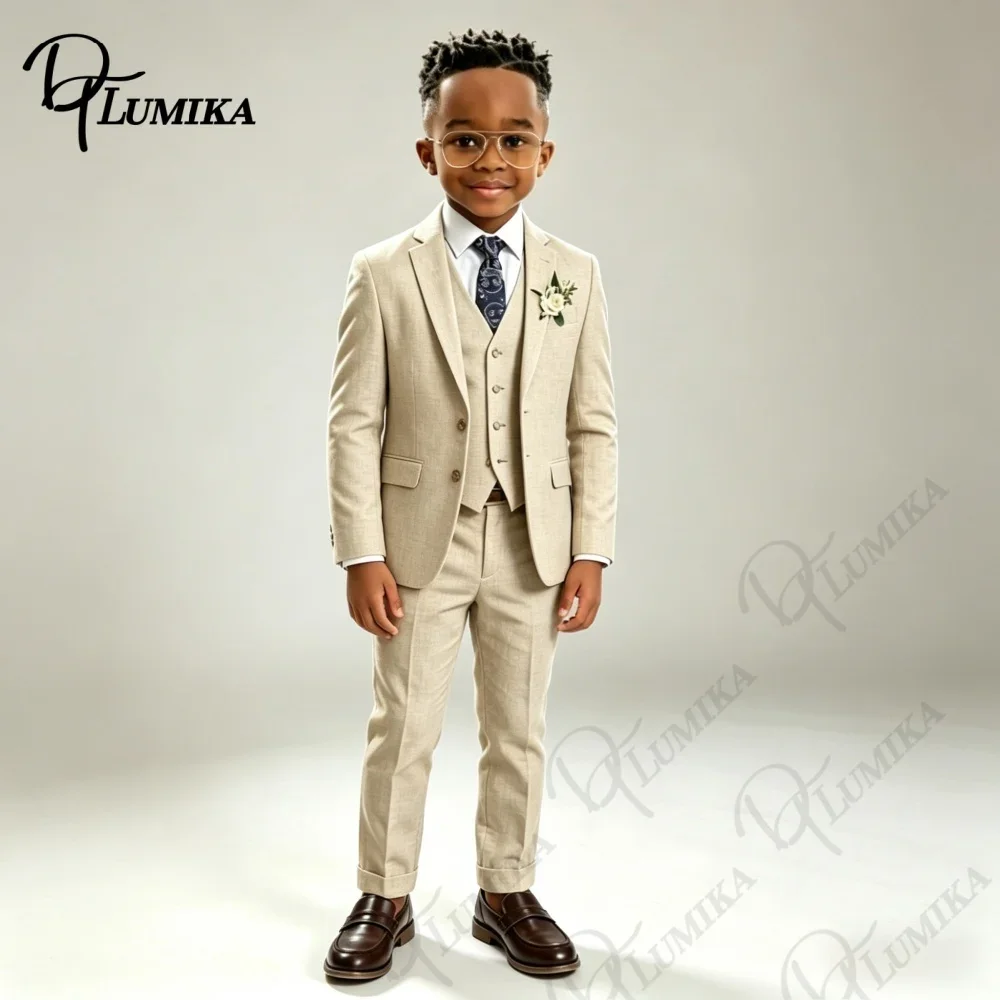 Luxury Beige Linen Kids Tuxedo Set Blue Floral Tie Comfortable 3 Piece Formal Suit for Wedding Ring Bearer All Special Occasions