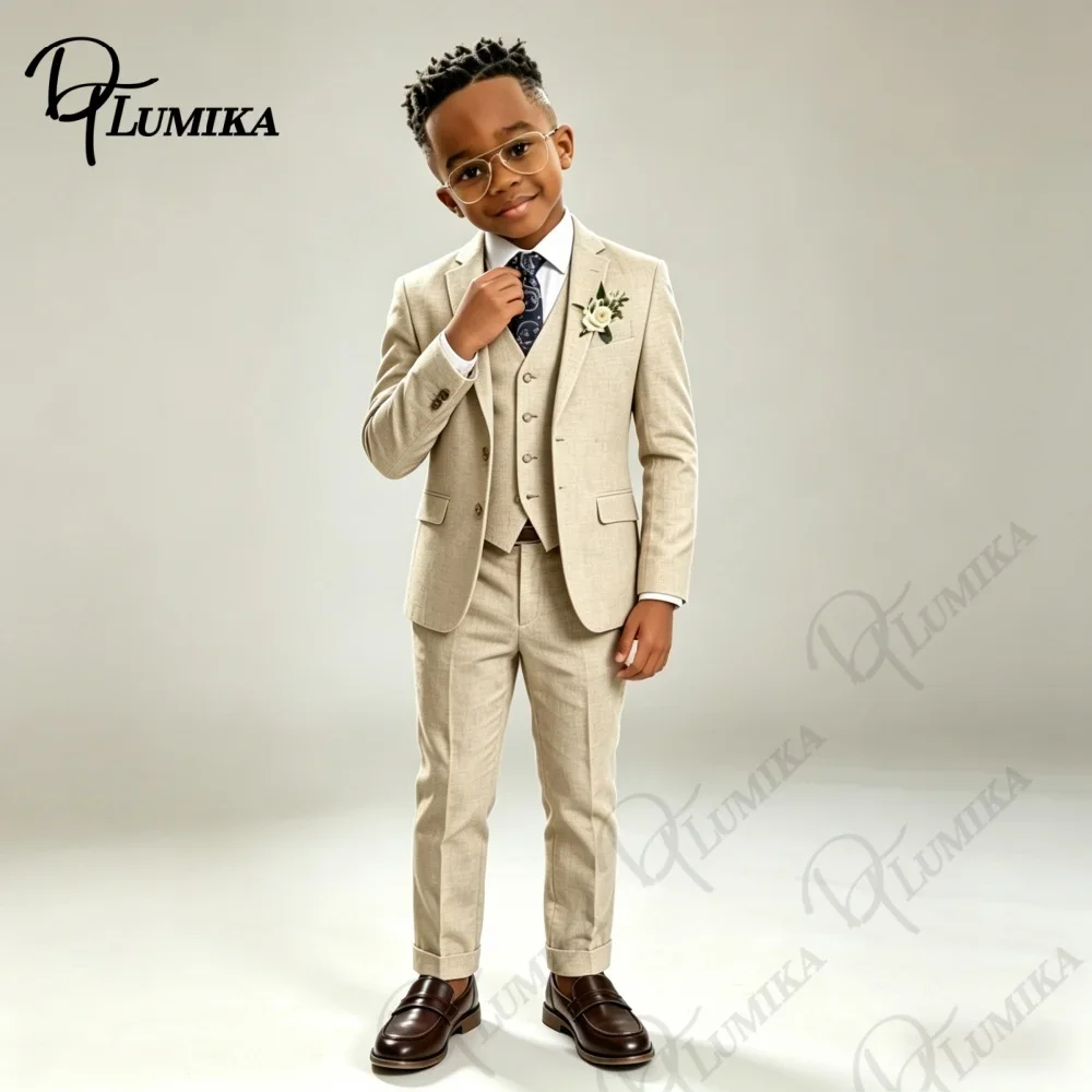 Luxury Beige Linen Kids Tuxedo Set Blue Floral Tie Comfortable 3 Piece Formal Suit for Wedding Ring Bearer All Special Occasions