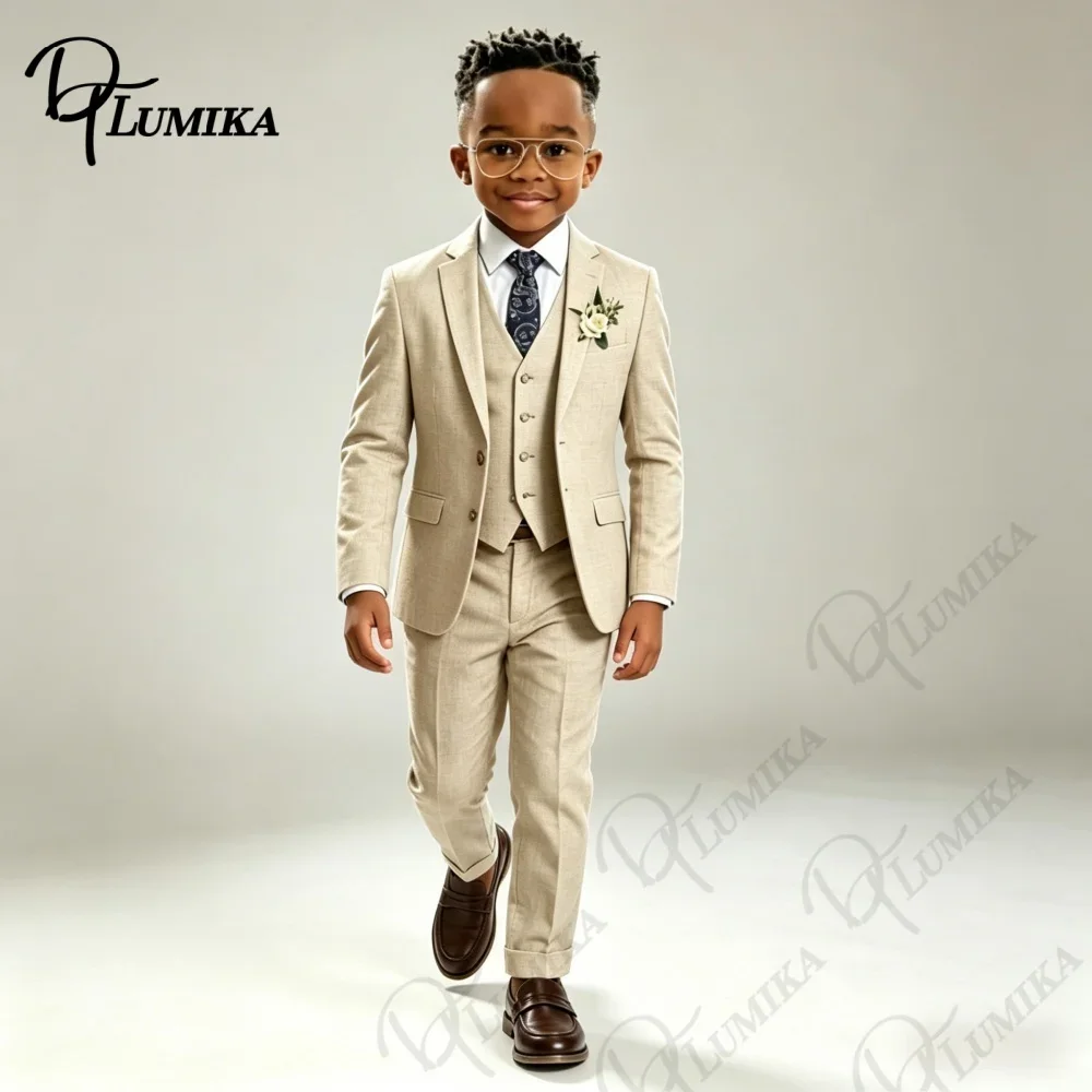 Luxury Beige Linen Kids Tuxedo Set Blue Floral Tie Comfortable 3 Piece Formal Suit for Wedding Ring Bearer All Special Occasions
