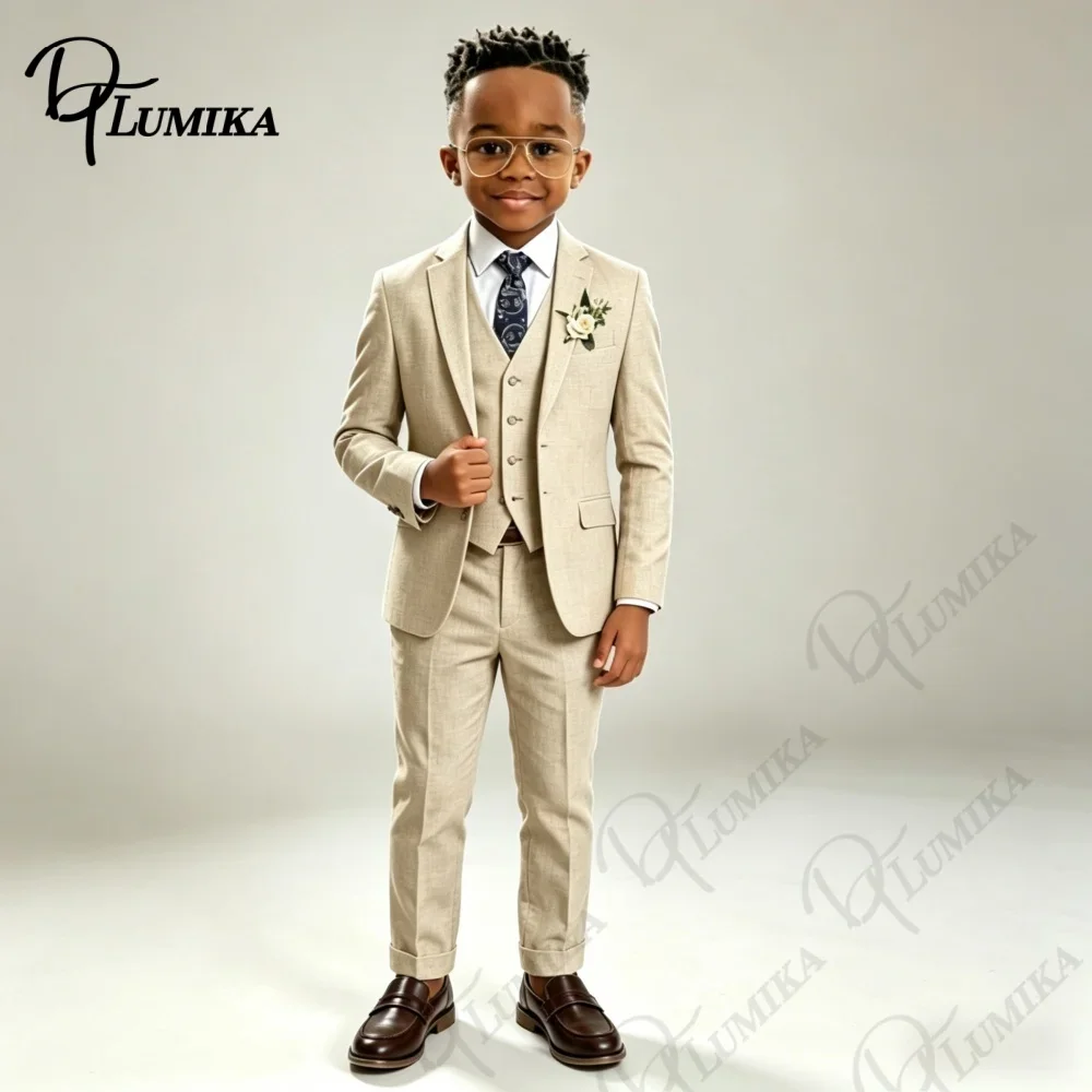 Luxury Beige Linen Kids Tuxedo Set Blue Floral Tie Comfortable 3 Piece Formal Suit for Wedding Ring Bearer All Special Occasions