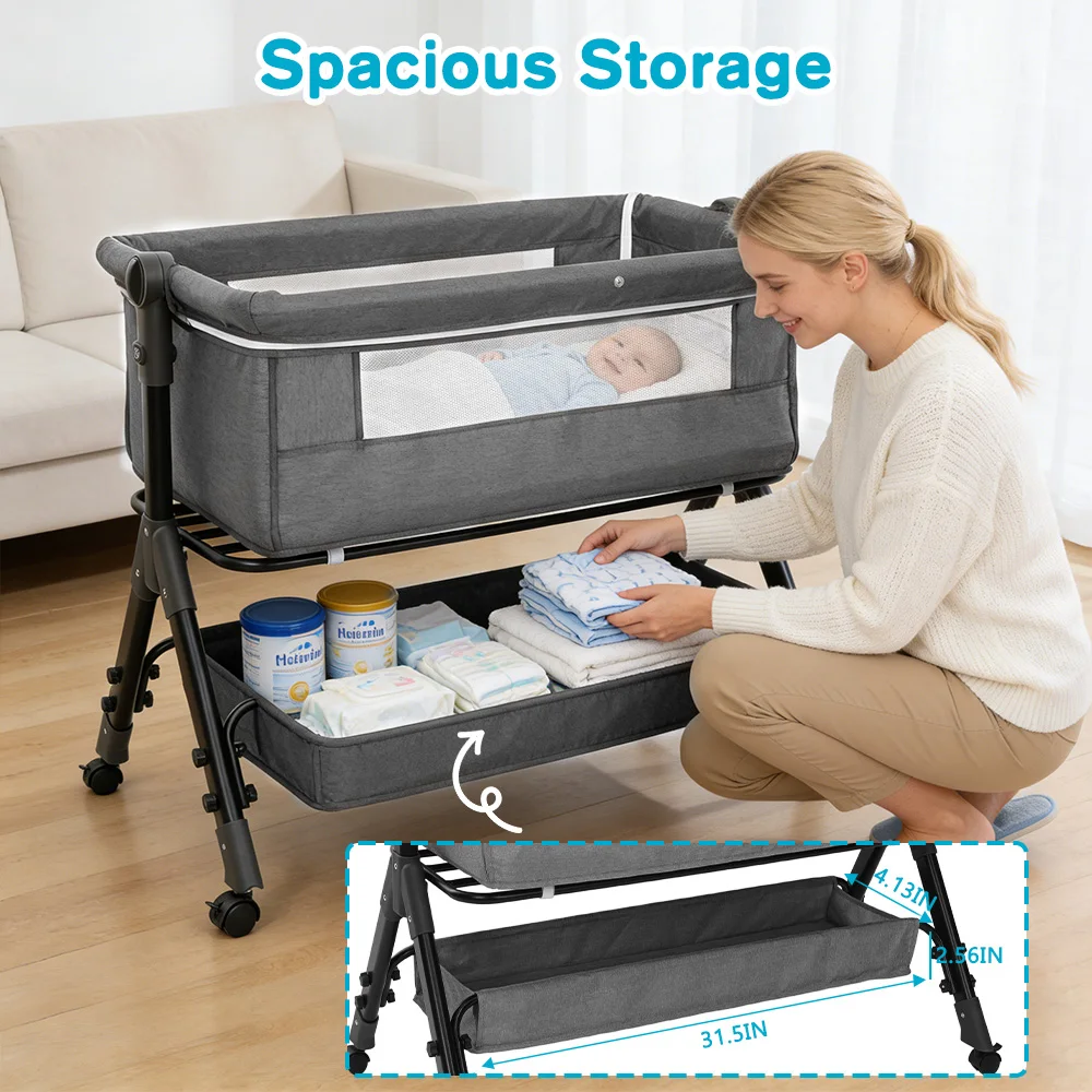 Baby Bedside Bassinet Co‑Sleeper, Height Adjustable Infant Bedside Crib with Mosquito Canopy, Large Storage Basket Lockable Wheels for Newborn, 3 Colors Optional