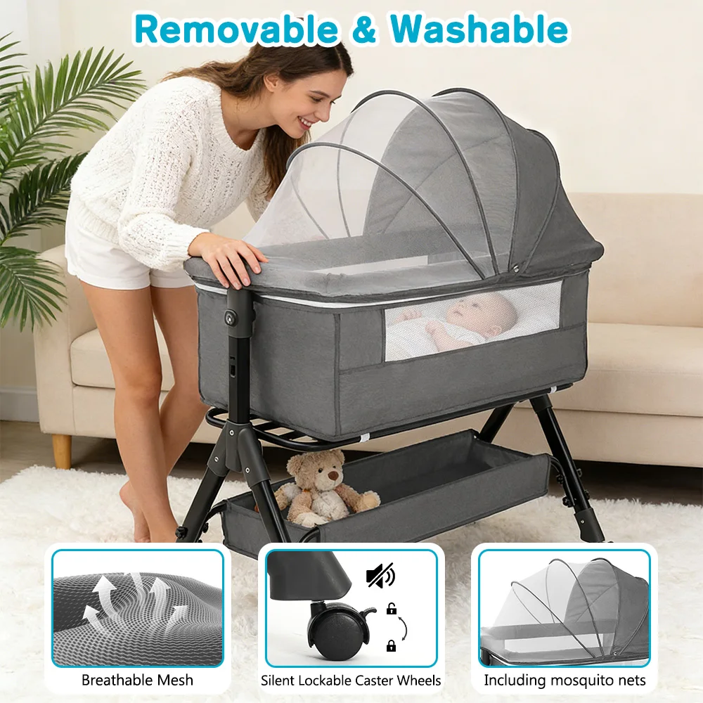 Baby Bedside Bassinet Co‑Sleeper, Height Adjustable Infant Bedside Crib with Mosquito Canopy, Large Storage Basket Lockable Wheels for Newborn, 3 Colors Optional