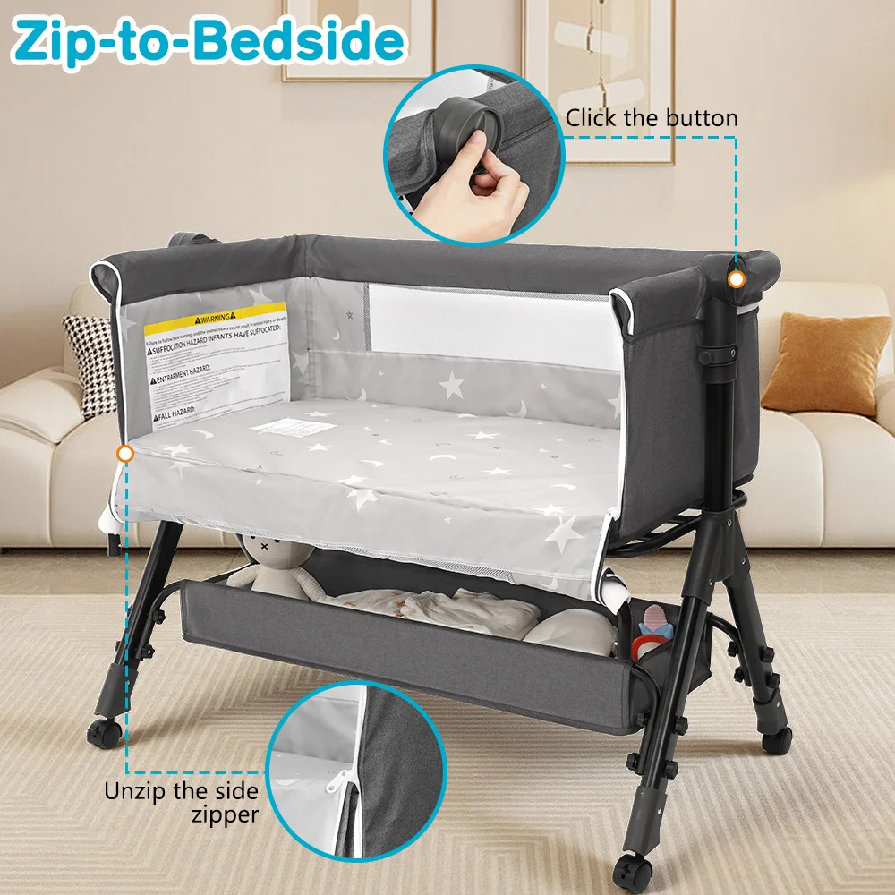 Baby Bedside Bassinet Co‑Sleeper, Height Adjustable Infant Bedside Crib with Mosquito Canopy, Large Storage Basket Lockable Wheels for Newborn, 3 Colors Optional