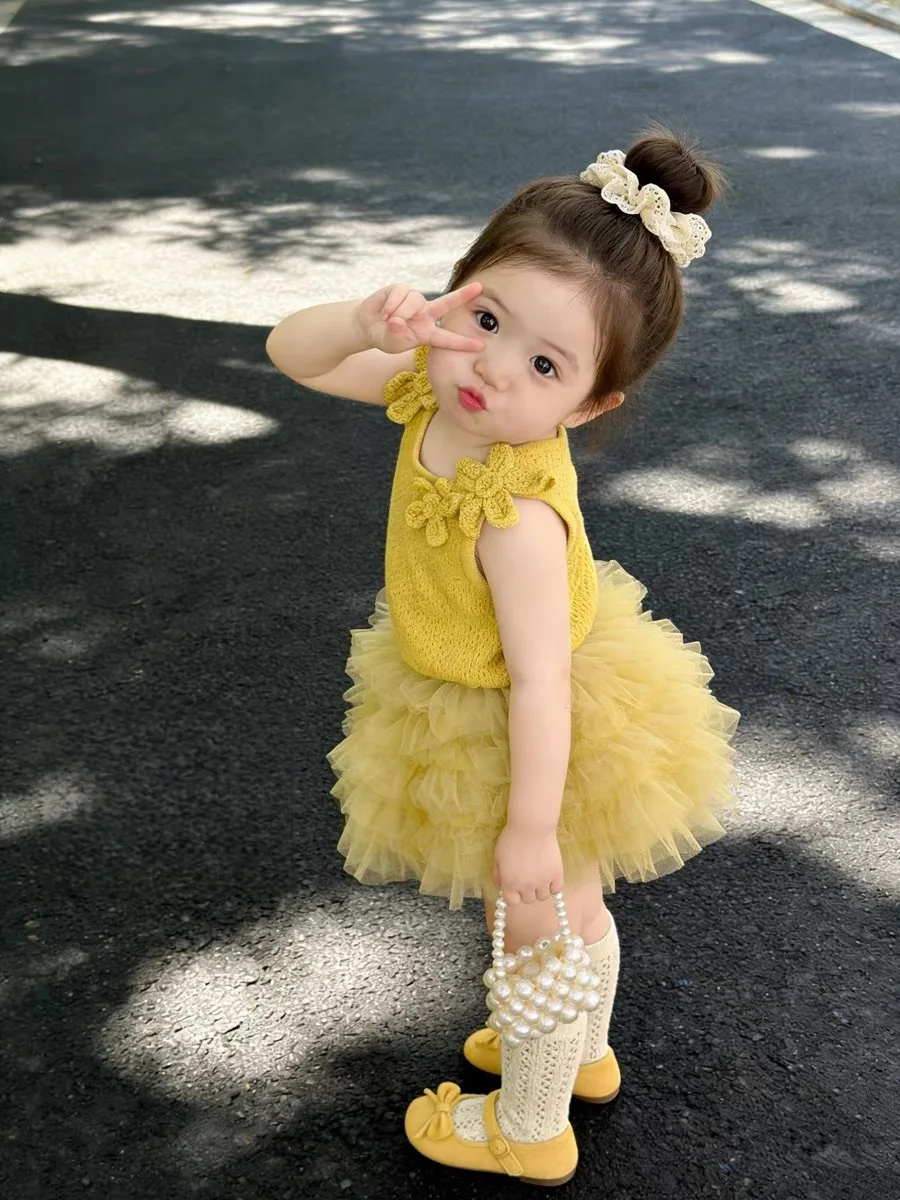 Children's Summer Princess Set Lemon Yellow Flower Knitted Vest Gauze Dress TUTU Skirt Girls' Outfit