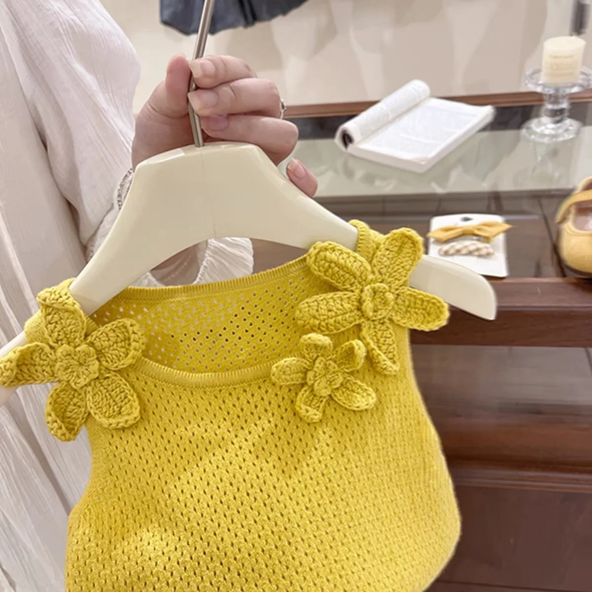 Children's Summer Princess Set Lemon Yellow Flower Knitted Vest Gauze Dress TUTU Skirt Girls' Outfit