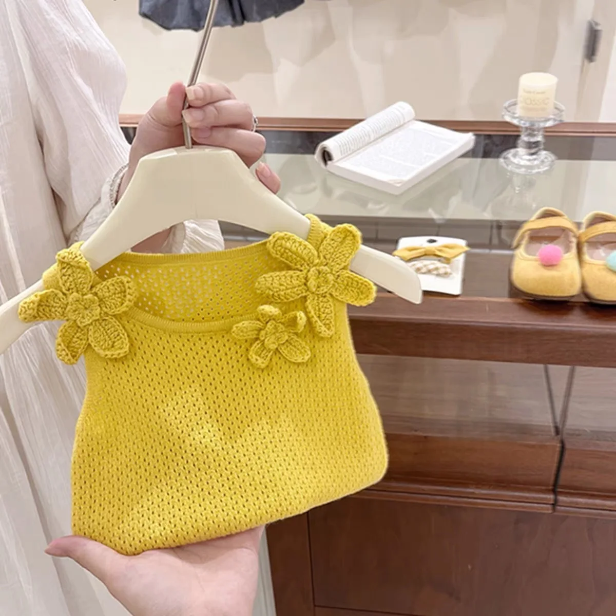 Children's Summer Princess Set Lemon Yellow Flower Knitted Vest Gauze Dress TUTU Skirt Girls' Outfit