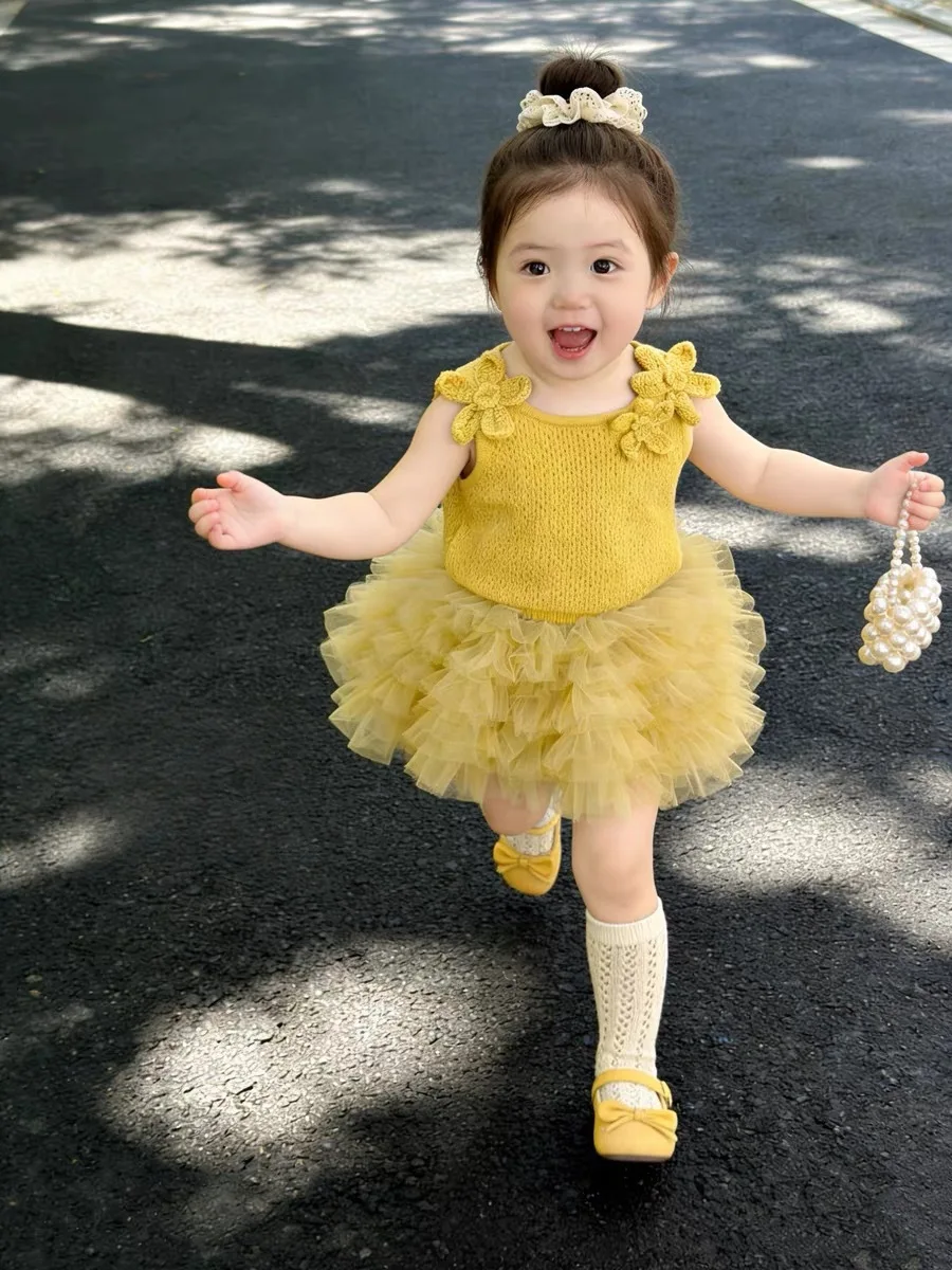 Children's Summer Princess Set Lemon Yellow Flower Knitted Vest Gauze Dress TUTU Skirt Girls' Outfit