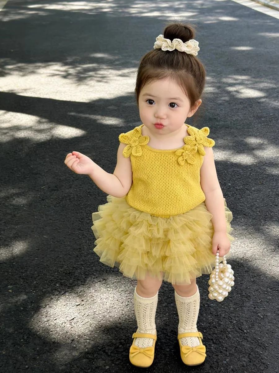 Children's Summer Princess Set Lemon Yellow Flower Knitted Vest Gauze Dress TUTU Skirt Girls' Outfit