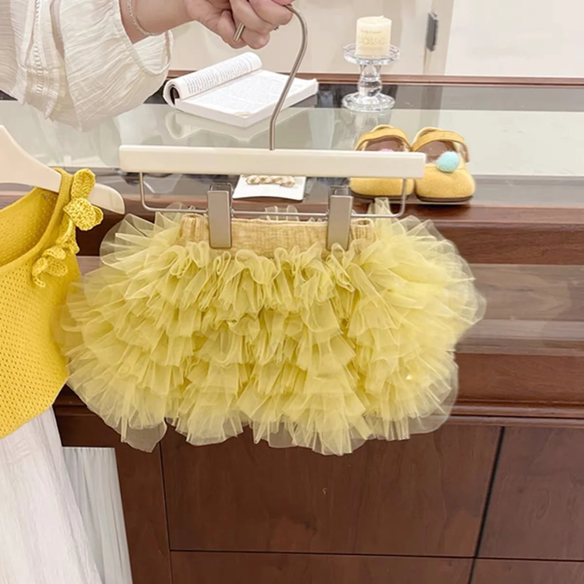 Children's Summer Princess Set Lemon Yellow Flower Knitted Vest Gauze Dress TUTU Skirt Girls' Outfit