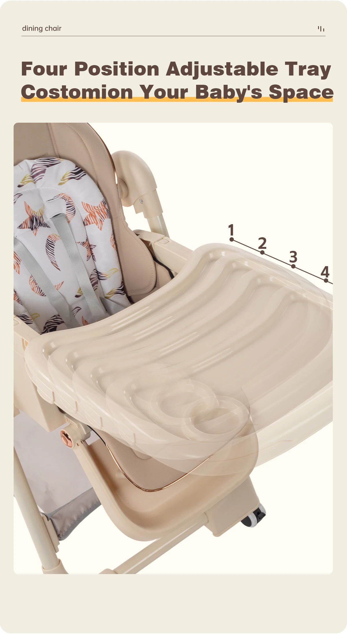 Multi-Function Baby Dining Chair 3-in-1 Sit Lie Rock Foldable High Chair 4-Position Tray Adjustment Anti-Stand Safety Design Aluminum Frame Brake Wheels Shoulder Belt 50kg Load Capacity Portable Kids Seat