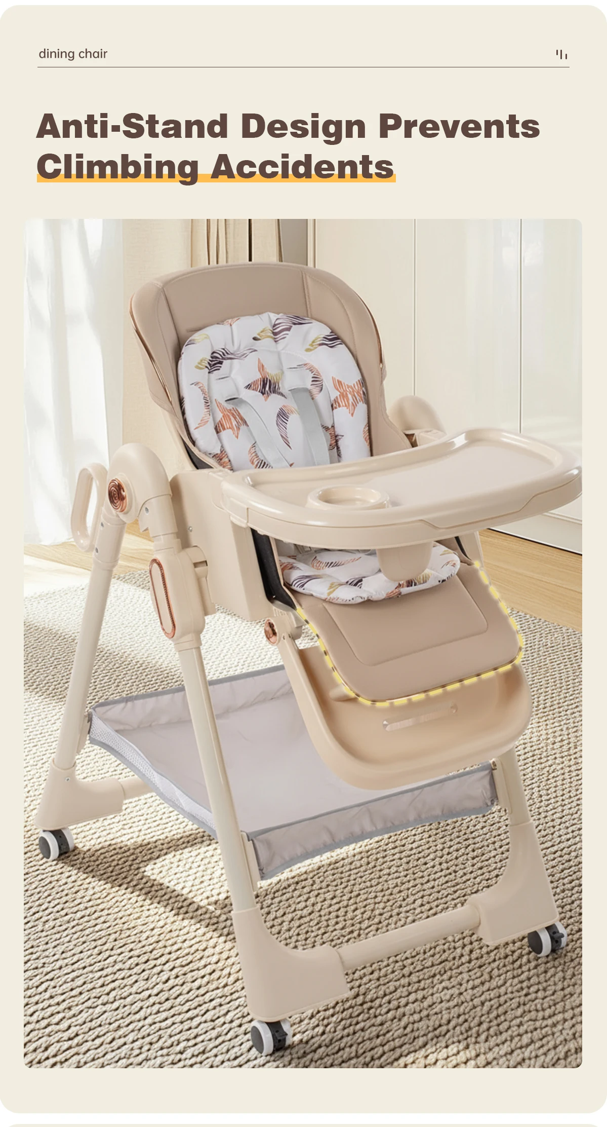 Multi-Function Baby Dining Chair 3-in-1 Sit Lie Rock Foldable High Chair 4-Position Tray Adjustment Anti-Stand Safety Design Aluminum Frame Brake Wheels Shoulder Belt 50kg Load Capacity Portable Kids Seat