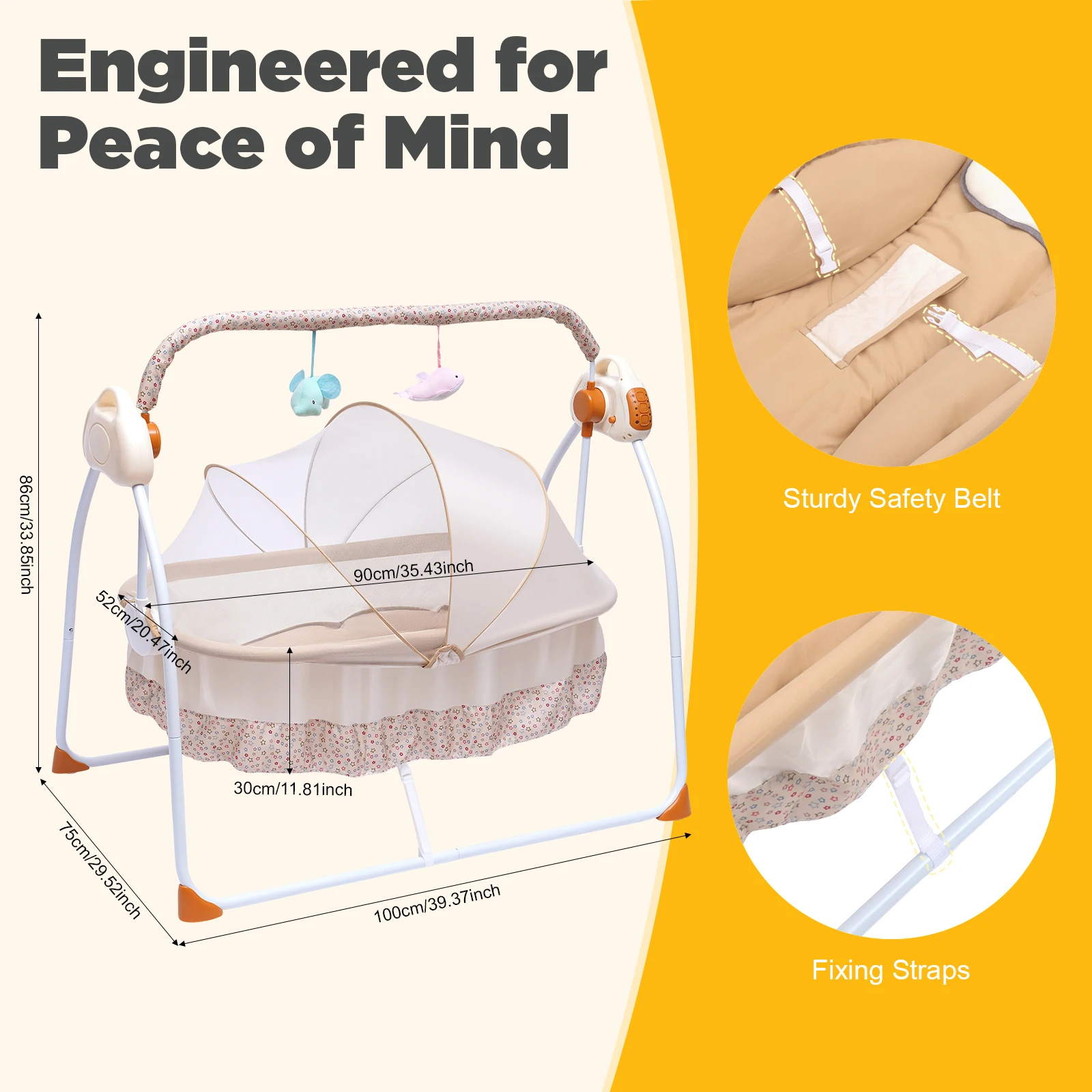 Music Infant Cradle Rocker, Electric Baby Cradle Swing,  5 Gears Swing Amplitude, Remote Control Baby Rocking Crib fit 0-18 Months