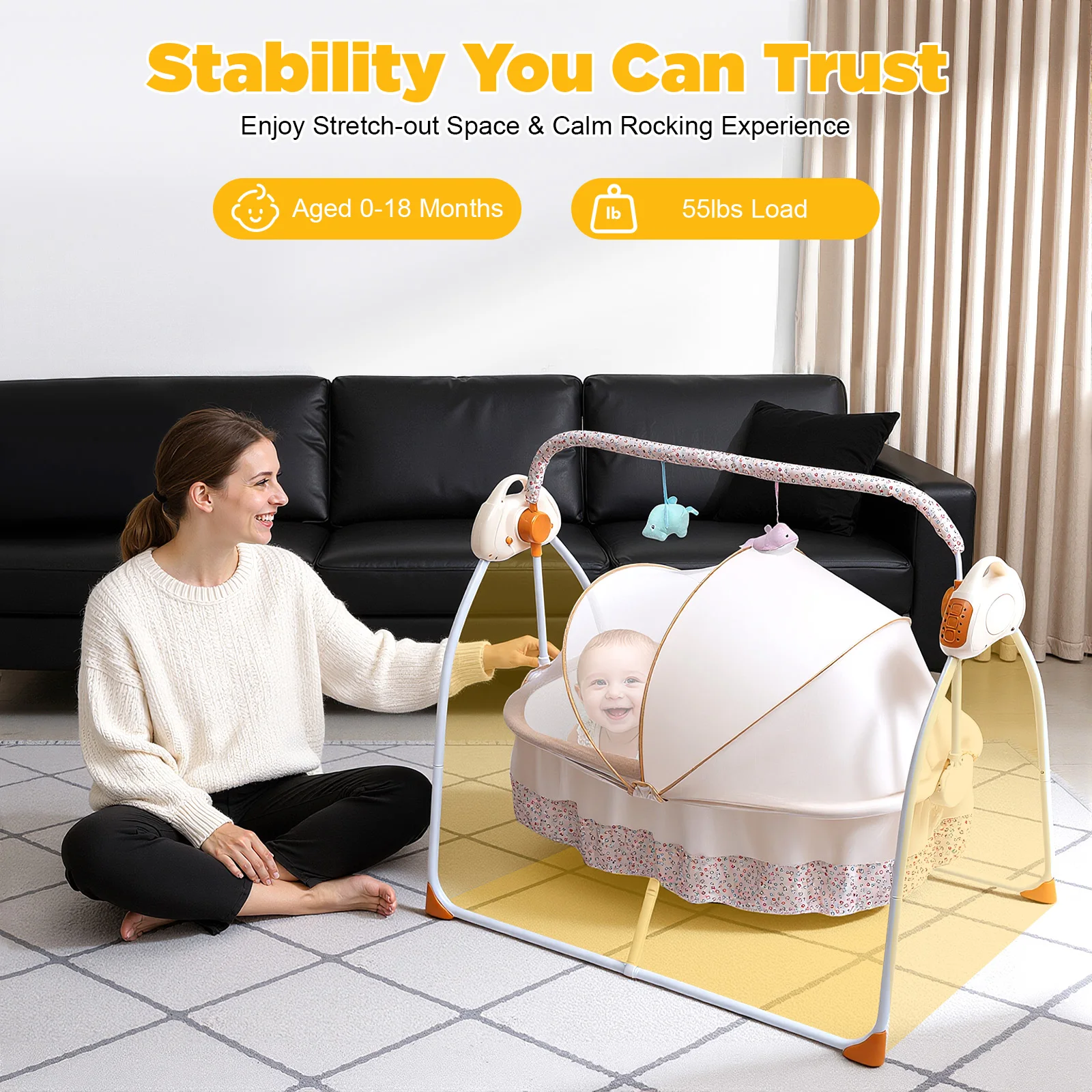 Music Infant Cradle Rocker, Electric Baby Cradle Swing,  5 Gears Swing Amplitude, Remote Control Baby Rocking Crib fit 0-18 Months