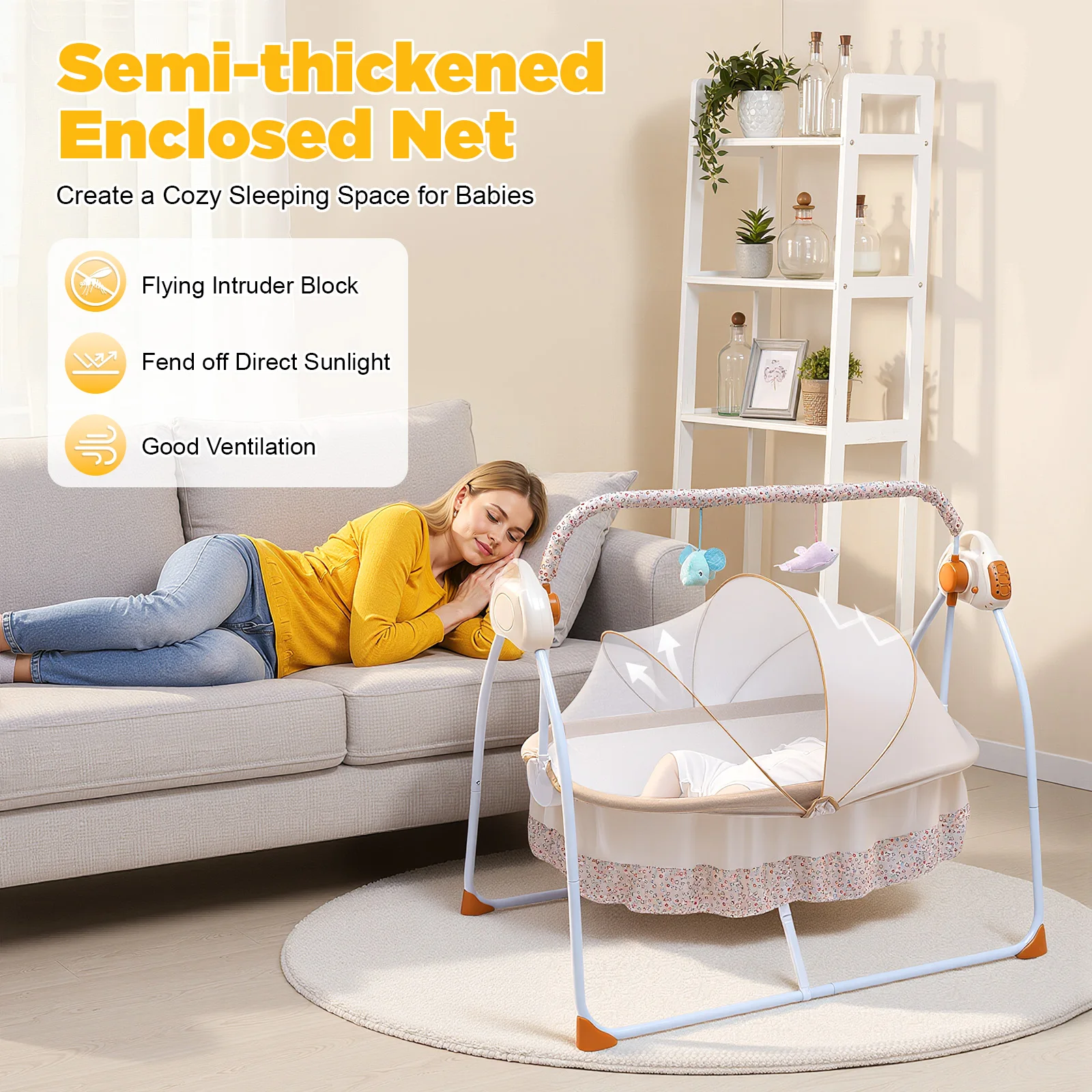 Music Infant Cradle Rocker, Electric Baby Cradle Swing,  5 Gears Swing Amplitude, Remote Control Baby Rocking Crib fit 0-18 Months