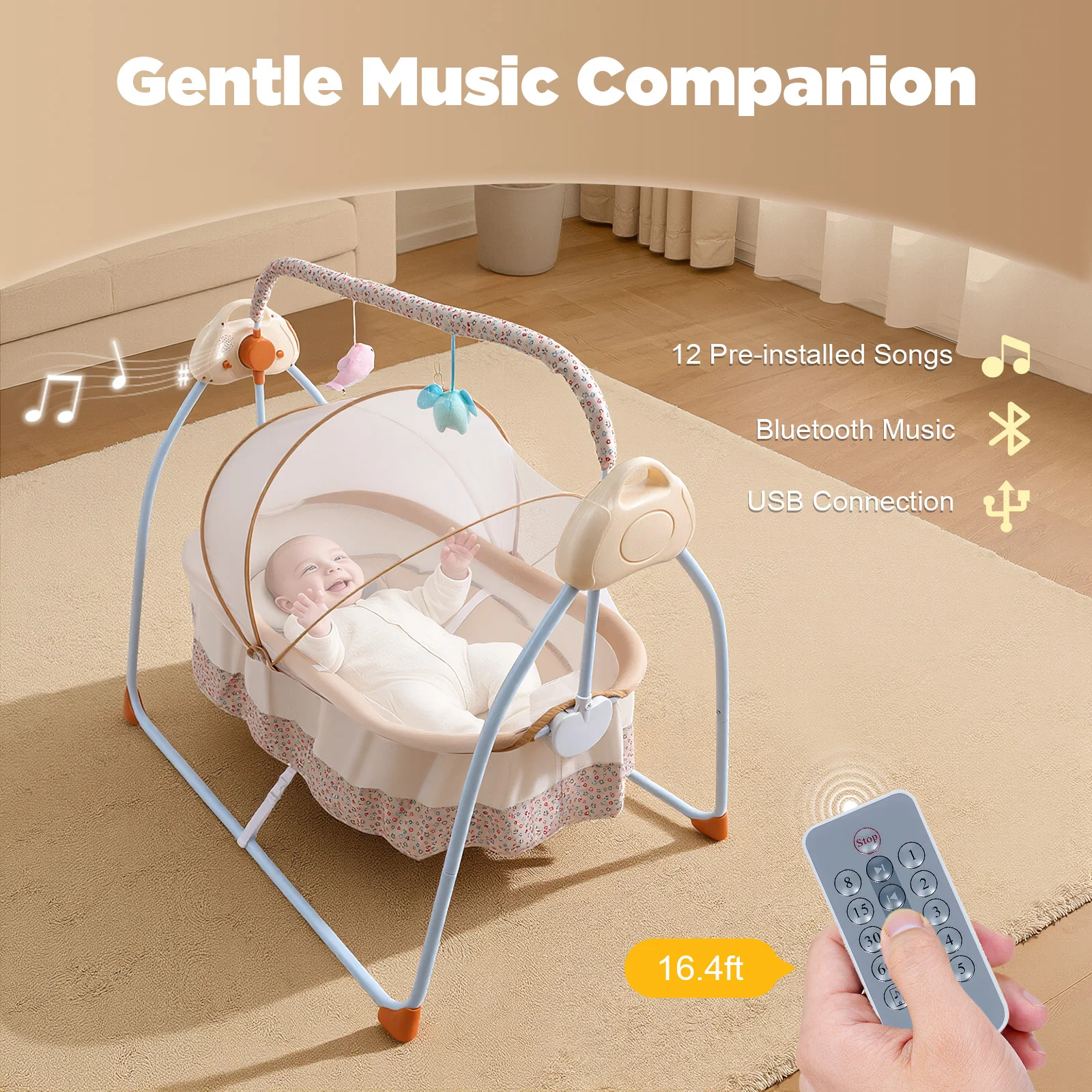 Music Infant Cradle Rocker, Electric Baby Cradle Swing,  5 Gears Swing Amplitude, Remote Control Baby Rocking Crib fit 0-18 Months