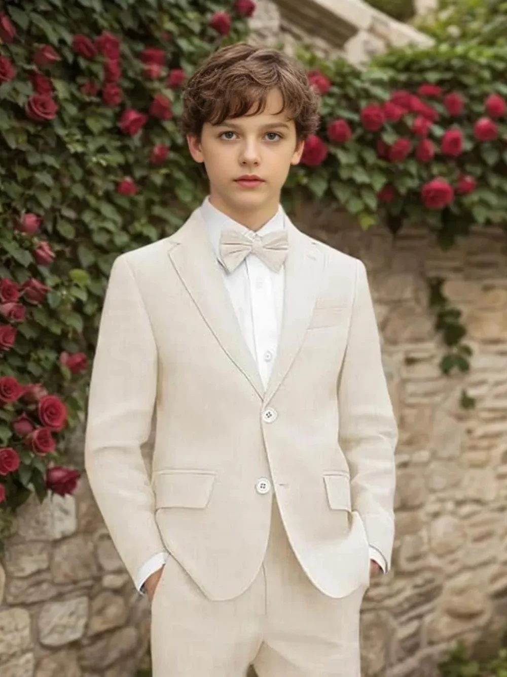 Summer Linen Boys Suits 2 Pieces Jacket Pants Beach Wedding Sets Notched Lapel Breathable Tuxedo Performance Outfit Plus Size