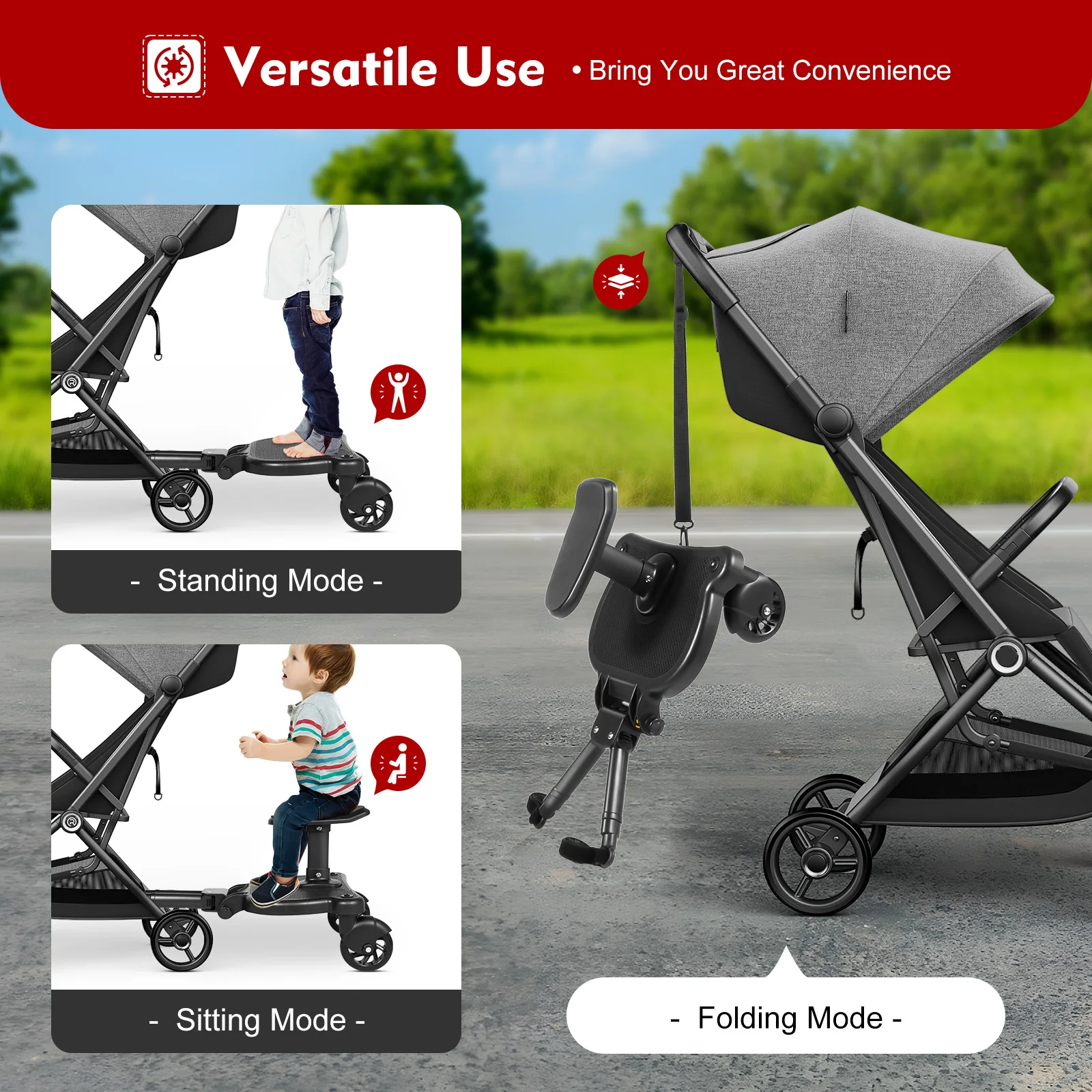 2-in-1 Ride-On Buggy Attachment, Adjustable Stroller Board 55lb Load Capacity Stroller Platform for Shopping Walks with Kids