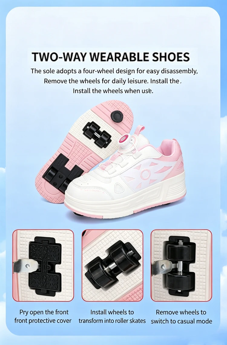 Kids 4-Wheel Roller Skating Shoes with Detachable Wheels Breathable Ultra-Light Walking Sneakers For Teenagers Girls Gifts