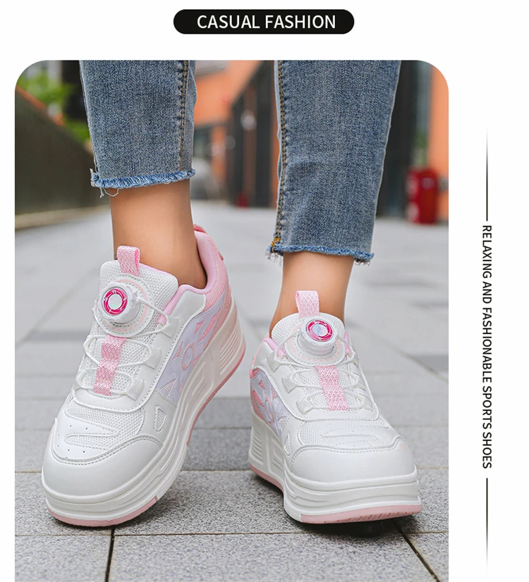 Kids 4-Wheel Roller Skating Shoes with Detachable Wheels Breathable Ultra-Light Walking Sneakers For Teenagers Girls Gifts