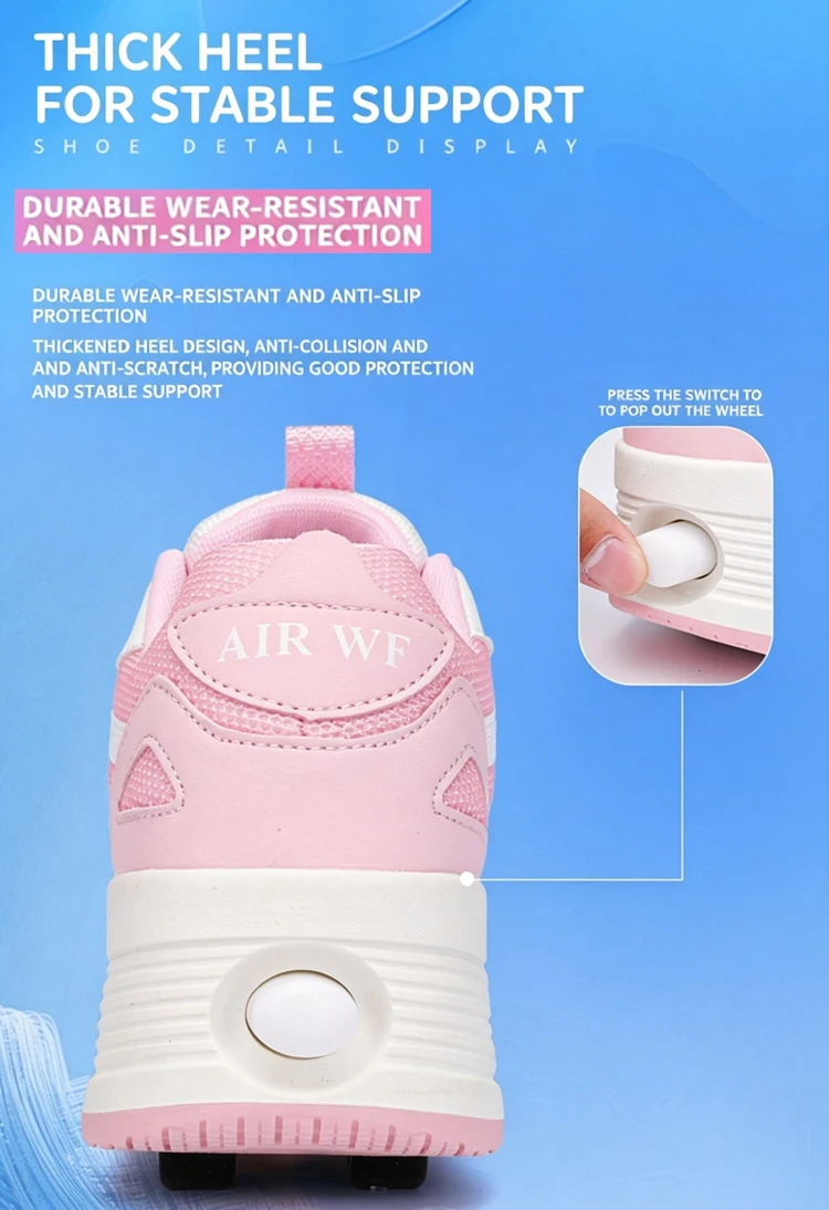 Kids 4-Wheel Roller Skating Shoes with Detachable Wheels Breathable Ultra-Light Walking Sneakers For Teenagers Girls Gifts