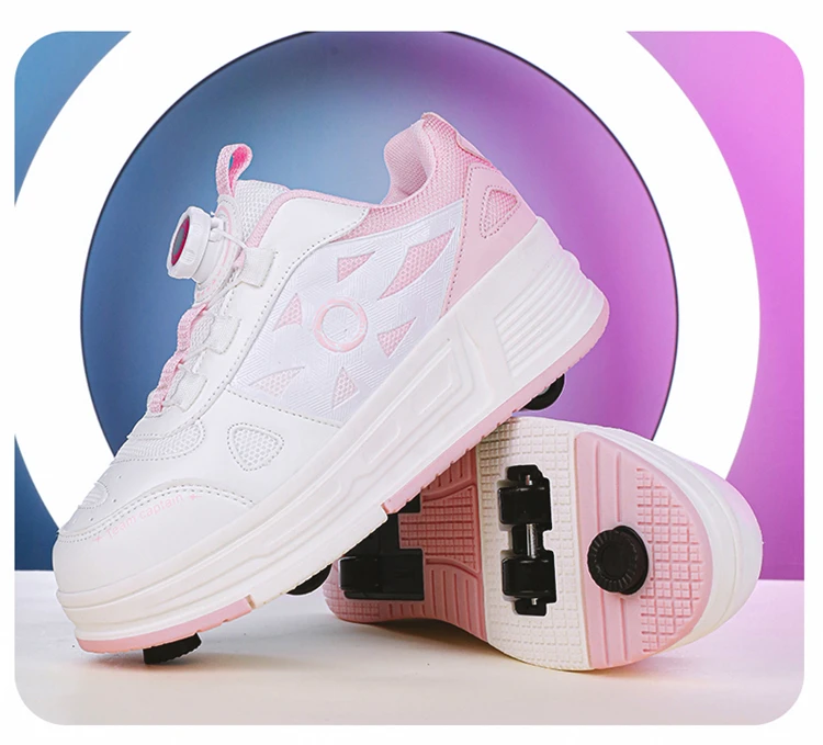 Kids 4-Wheel Roller Skating Shoes with Detachable Wheels Breathable Ultra-Light Walking Sneakers For Teenagers Girls Gifts