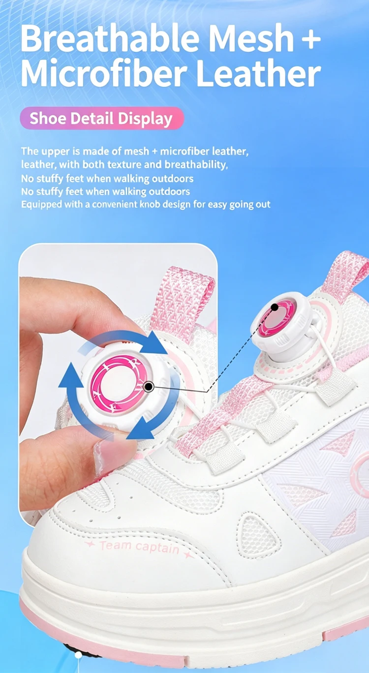 Kids 4-Wheel Roller Skating Shoes with Detachable Wheels Breathable Ultra-Light Walking Sneakers For Teenagers Girls Gifts