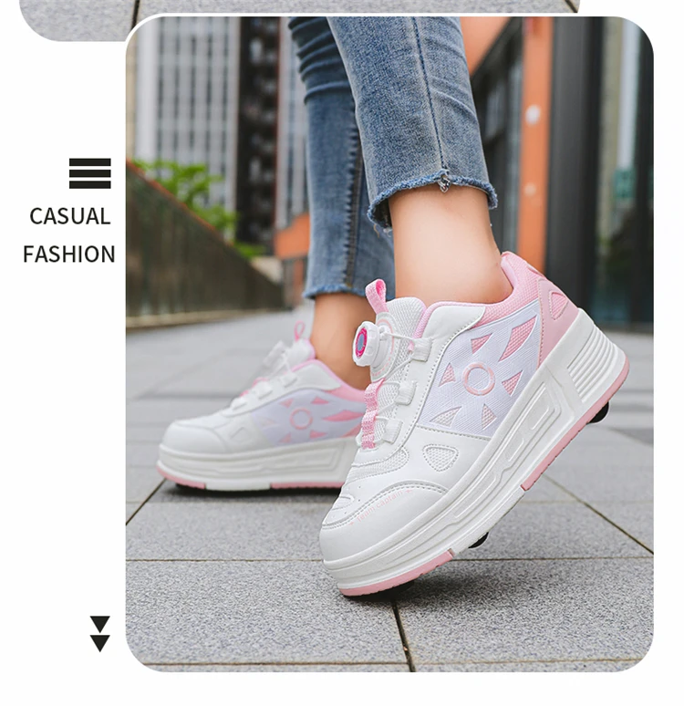 Kids 4-Wheel Roller Skating Shoes with Detachable Wheels Breathable Ultra-Light Walking Sneakers For Teenagers Girls Gifts
