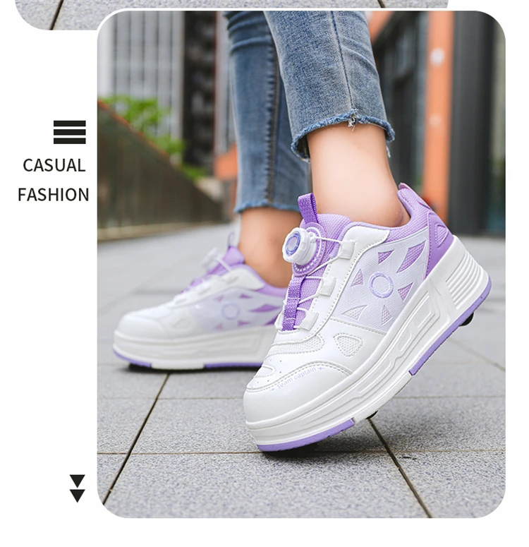 Kids 4-Wheel Roller Skating Shoes with Detachable Wheels Breathable Ultra-Light Walking Sneakers For Teenagers Girls Gifts