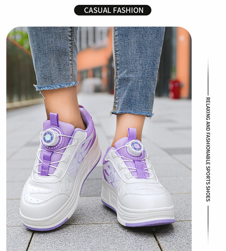 Kids 4-Wheel Roller Skating Shoes with Detachable Wheels Breathable Ultra-Light Walking Sneakers For Teenagers Girls Gifts