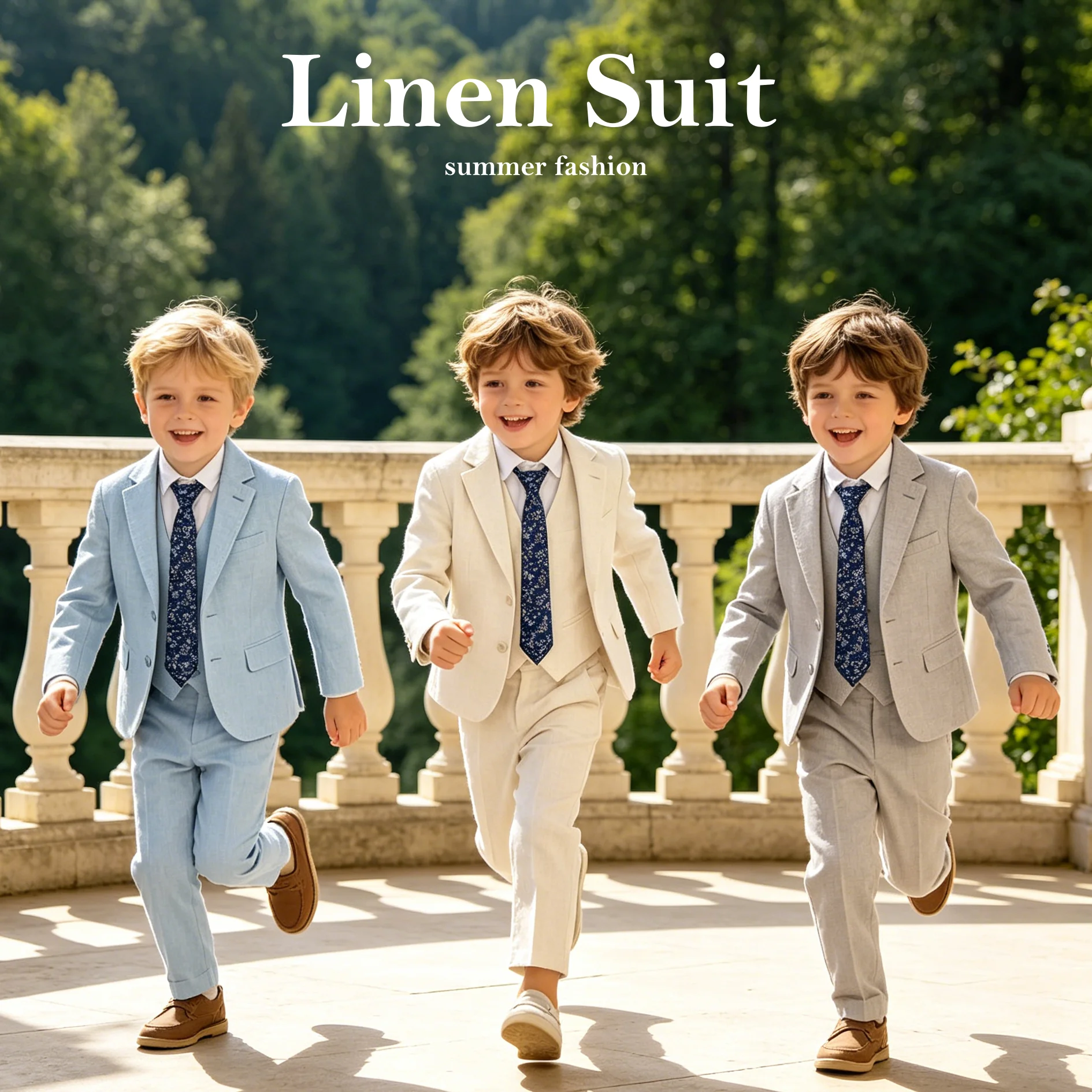 Ship Today Wedding Ring Bearer Page Boy Tuxedo Communion Suit Boy's Formal Linen Suit 4-Piece Jacket Vest Pants Tie Bowtie