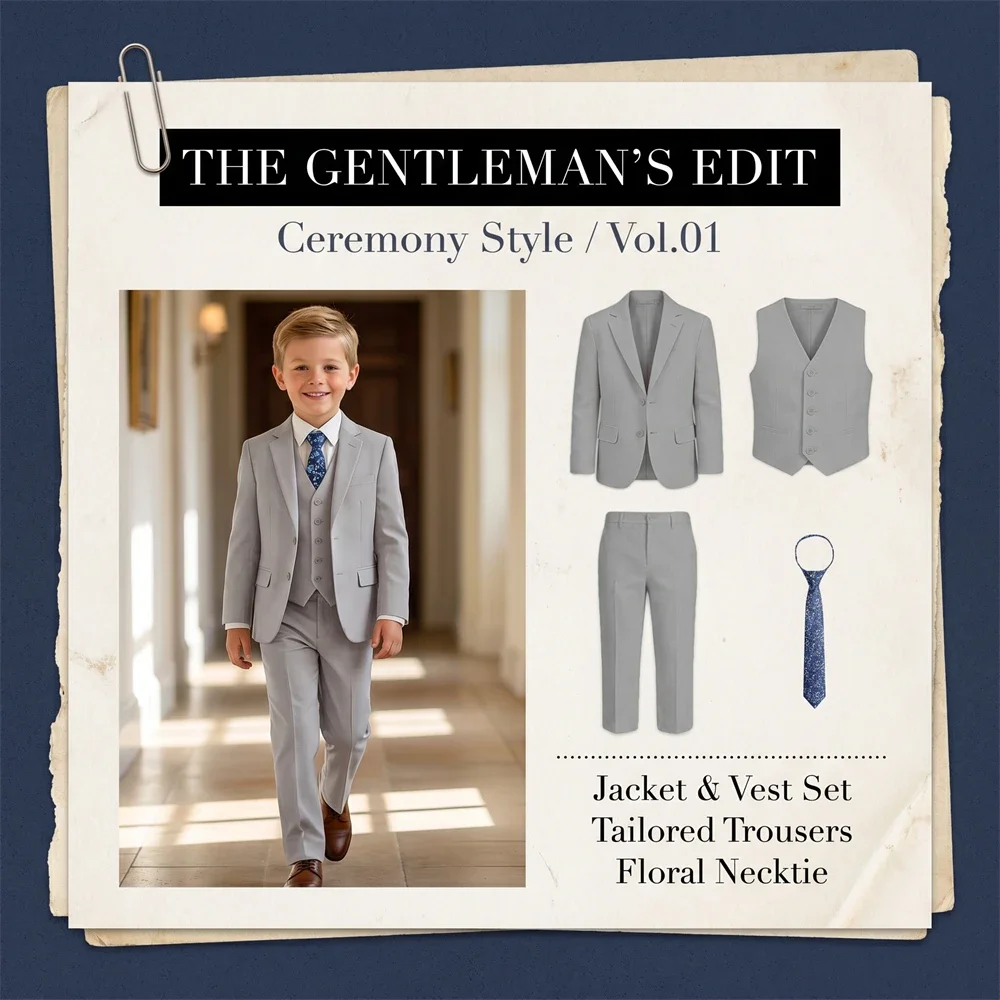 Ship Today Wedding Ring Bearer Page Boy Tuxedo Communion Suit Boy's Formal Linen Suit 4-Piece Jacket Vest Pants Tie Bowtie