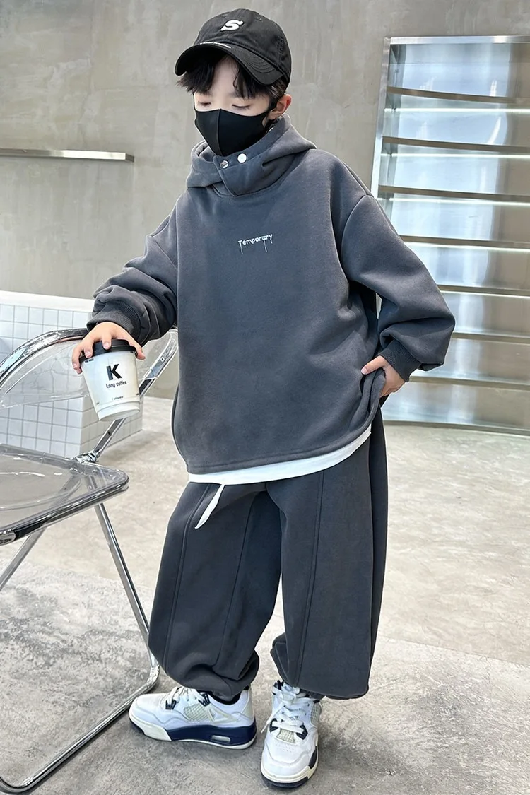 2026 Winter Children Fleece Outfits Toddler Warm Thicken Cotton Soild Hoodies+Pants Tracksuit Kids Boy Girl Sweatsuits Sets