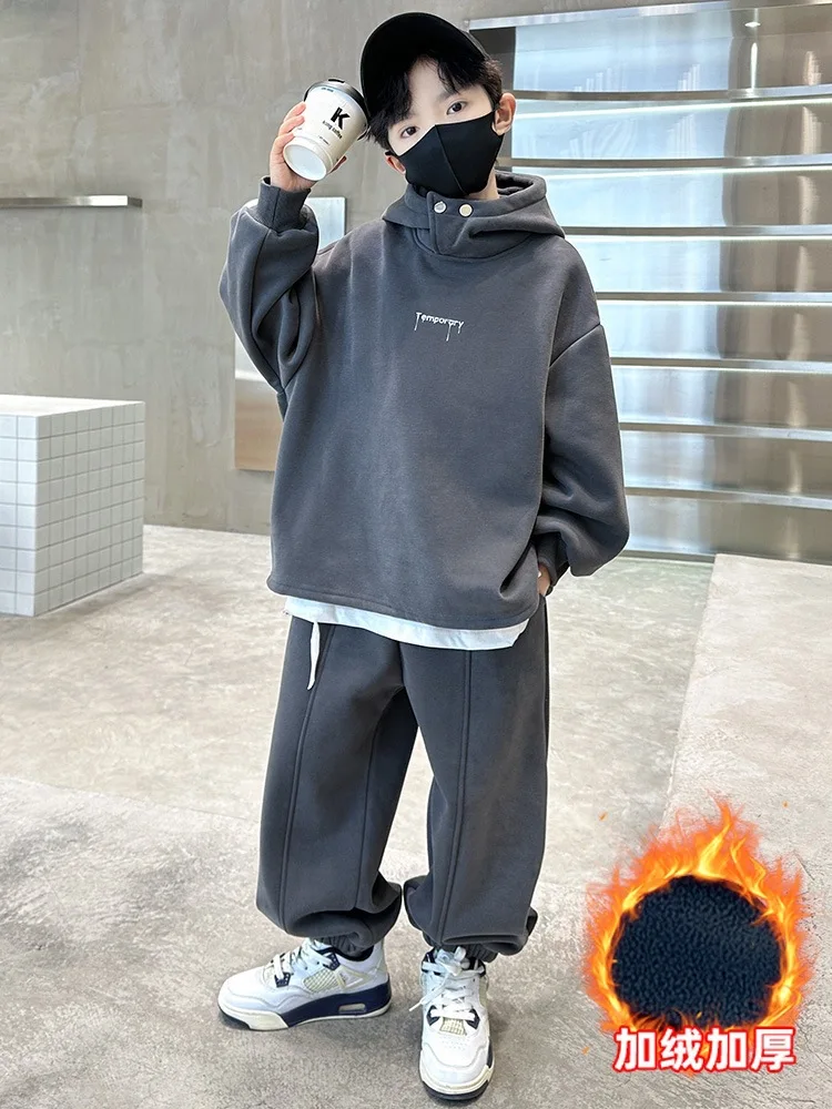 2026 Winter Children Fleece Outfits Toddler Warm Thicken Cotton Soild Hoodies+Pants Tracksuit Kids Boy Girl Sweatsuits Sets