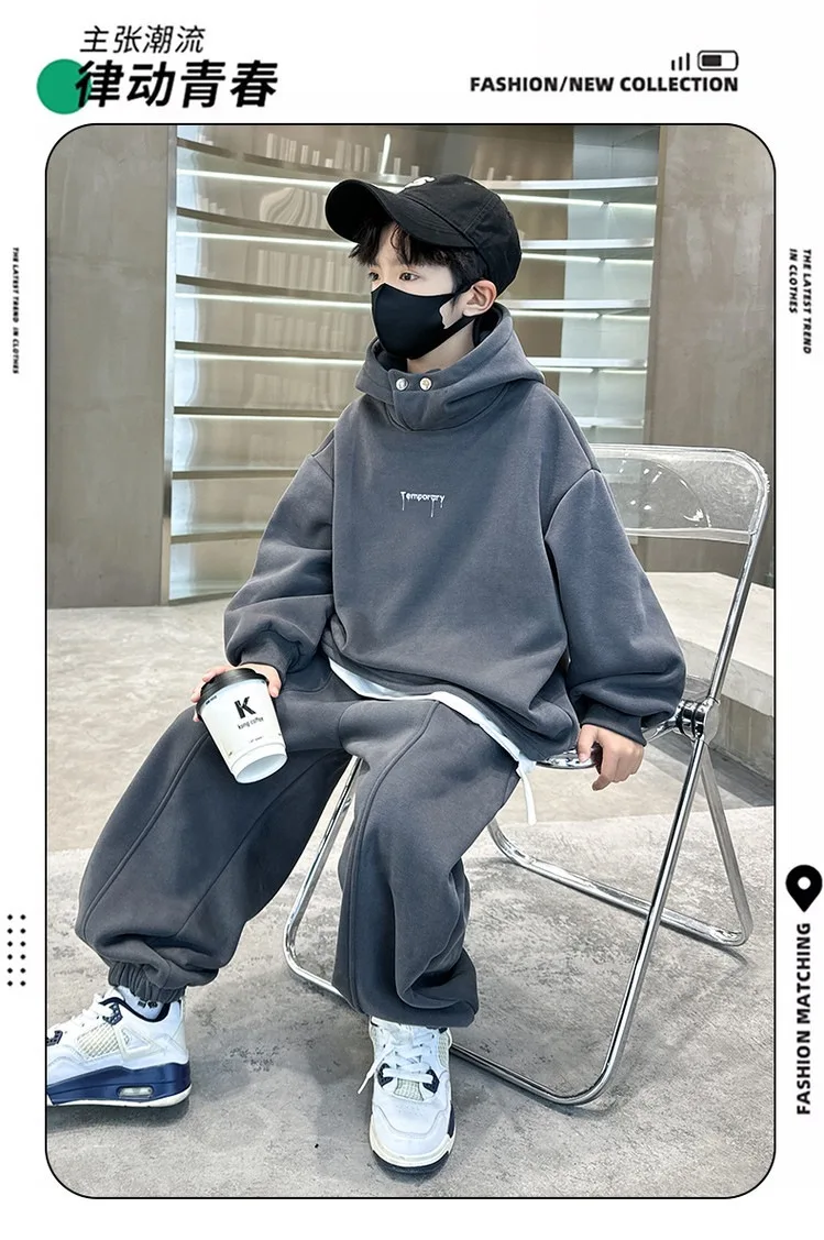 2026 Winter Children Fleece Outfits Toddler Warm Thicken Cotton Soild Hoodies+Pants Tracksuit Kids Boy Girl Sweatsuits Sets
