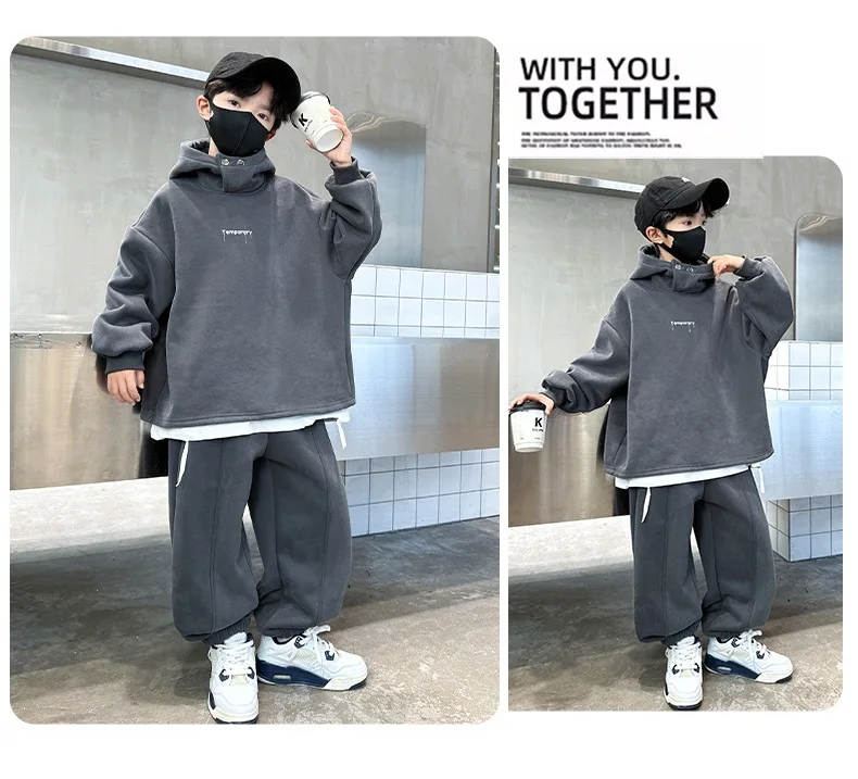 2026 Winter Children Fleece Outfits Toddler Warm Thicken Cotton Soild Hoodies+Pants Tracksuit Kids Boy Girl Sweatsuits Sets