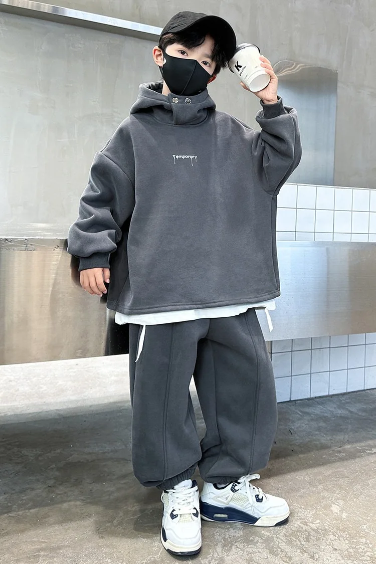 2026 Winter Children Fleece Outfits Toddler Warm Thicken Cotton Soild Hoodies+Pants Tracksuit Kids Boy Girl Sweatsuits Sets