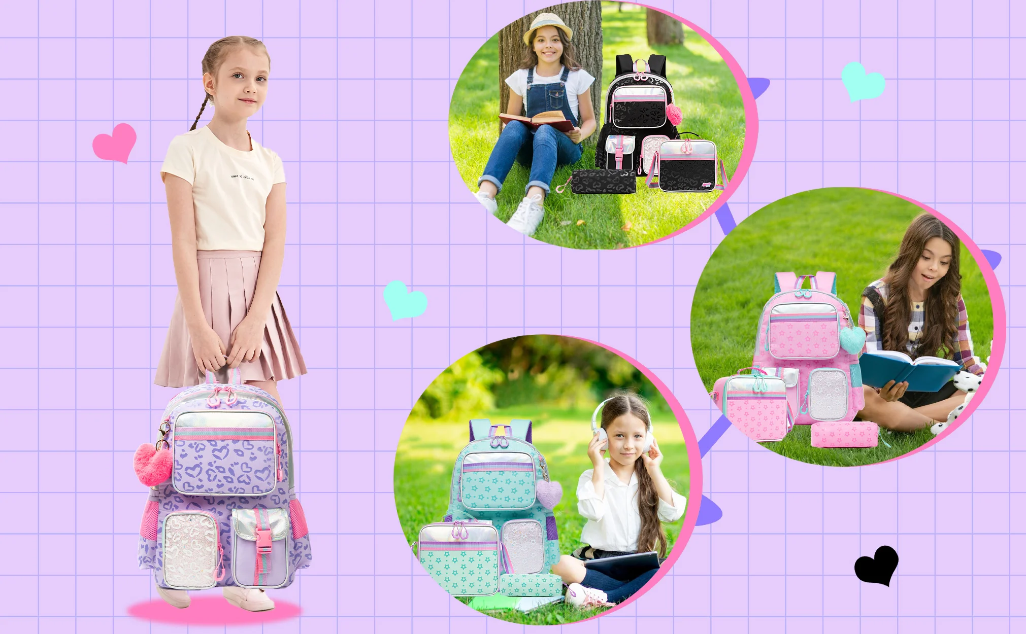 Meetbelify Aesthetic Backpack for Girls School Backpack with Lunch Box for Elementary to Teen Girls Cute School Bag Purple