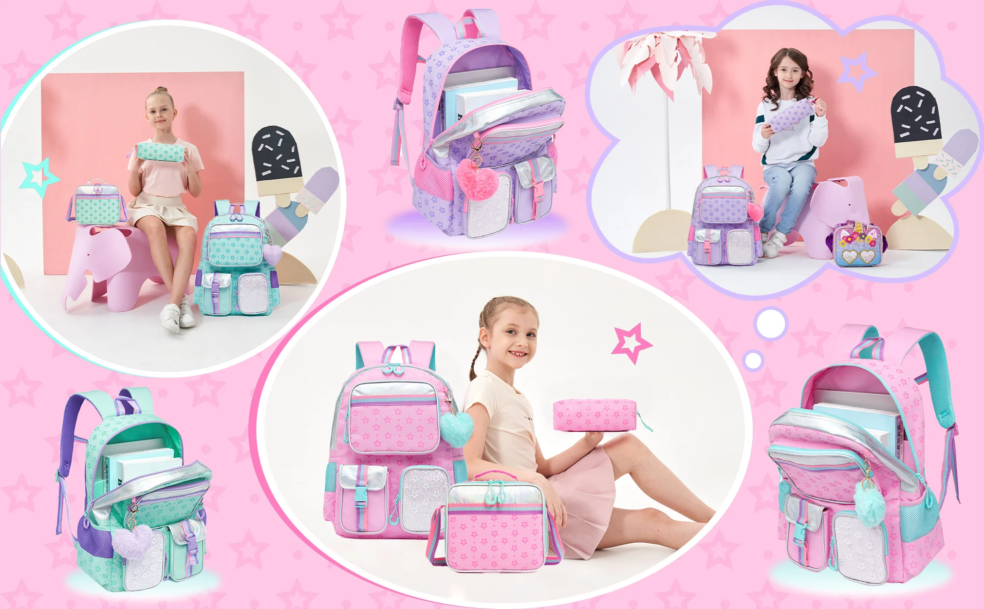 Meetbelify Aesthetic Backpack for Girls School Backpack with Lunch Box for Elementary to Teen Girls Cute School Bag Purple