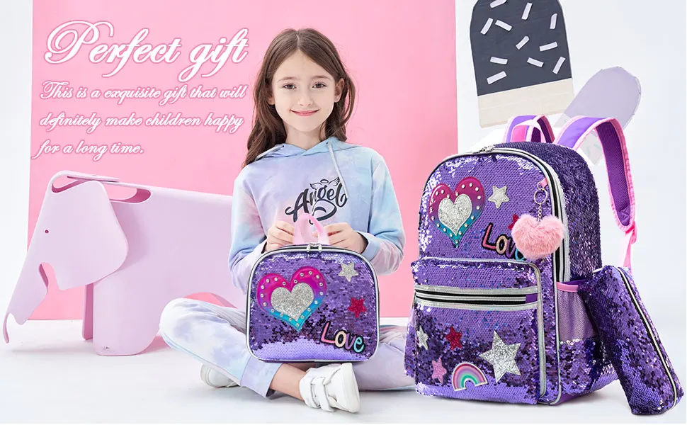 Backpack for Girls 16" Backpacks for Girls for School Sequin Backpack with Lunch Box for Elementary Students
