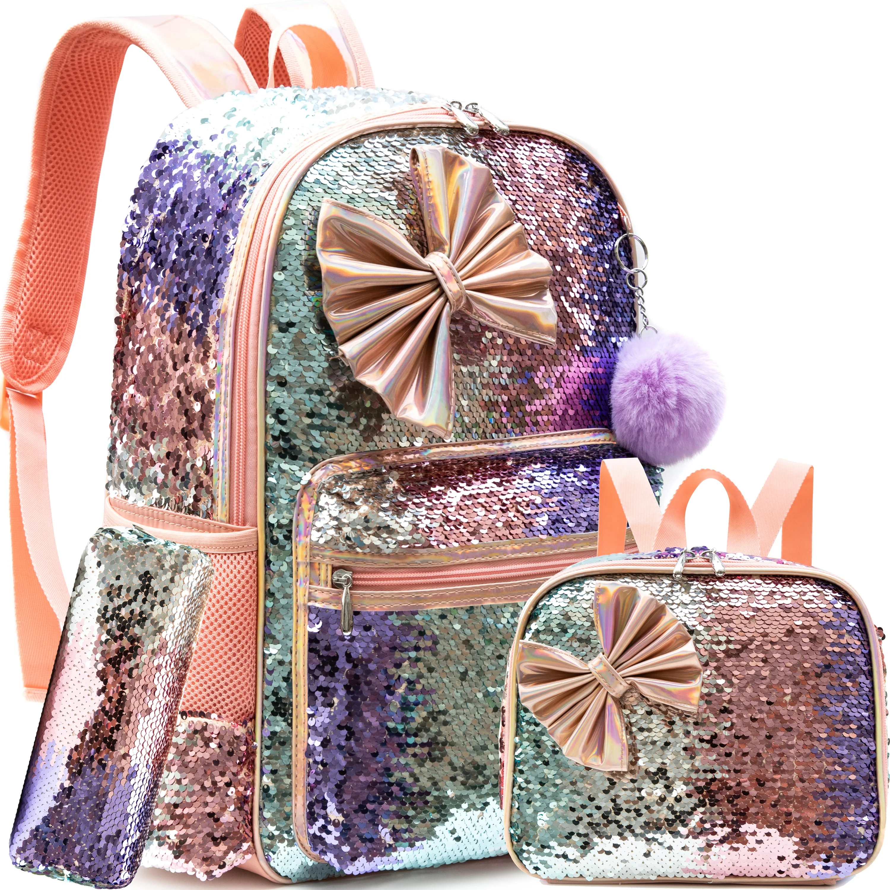 Backpack for Girls 16" Backpacks for Girls for School Sequin Backpack with Lunch Box for Elementary Students