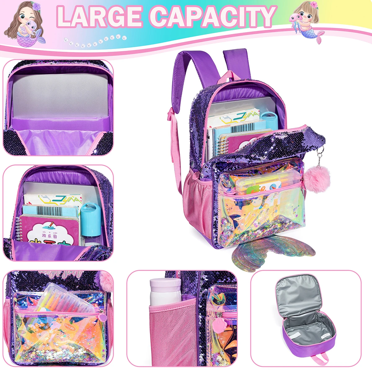 Backpack for Girls 16" Backpacks for Girls for School Sequin Backpack with Lunch Box for Elementary Students