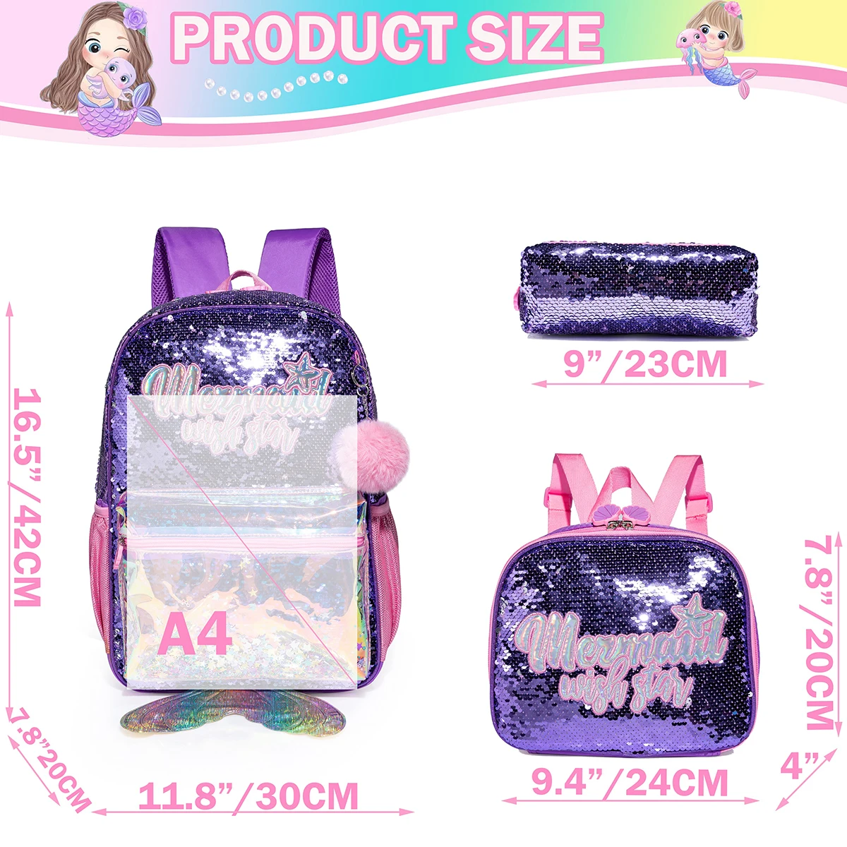 Backpack for Girls 16" Backpacks for Girls for School Sequin Backpack with Lunch Box for Elementary Students