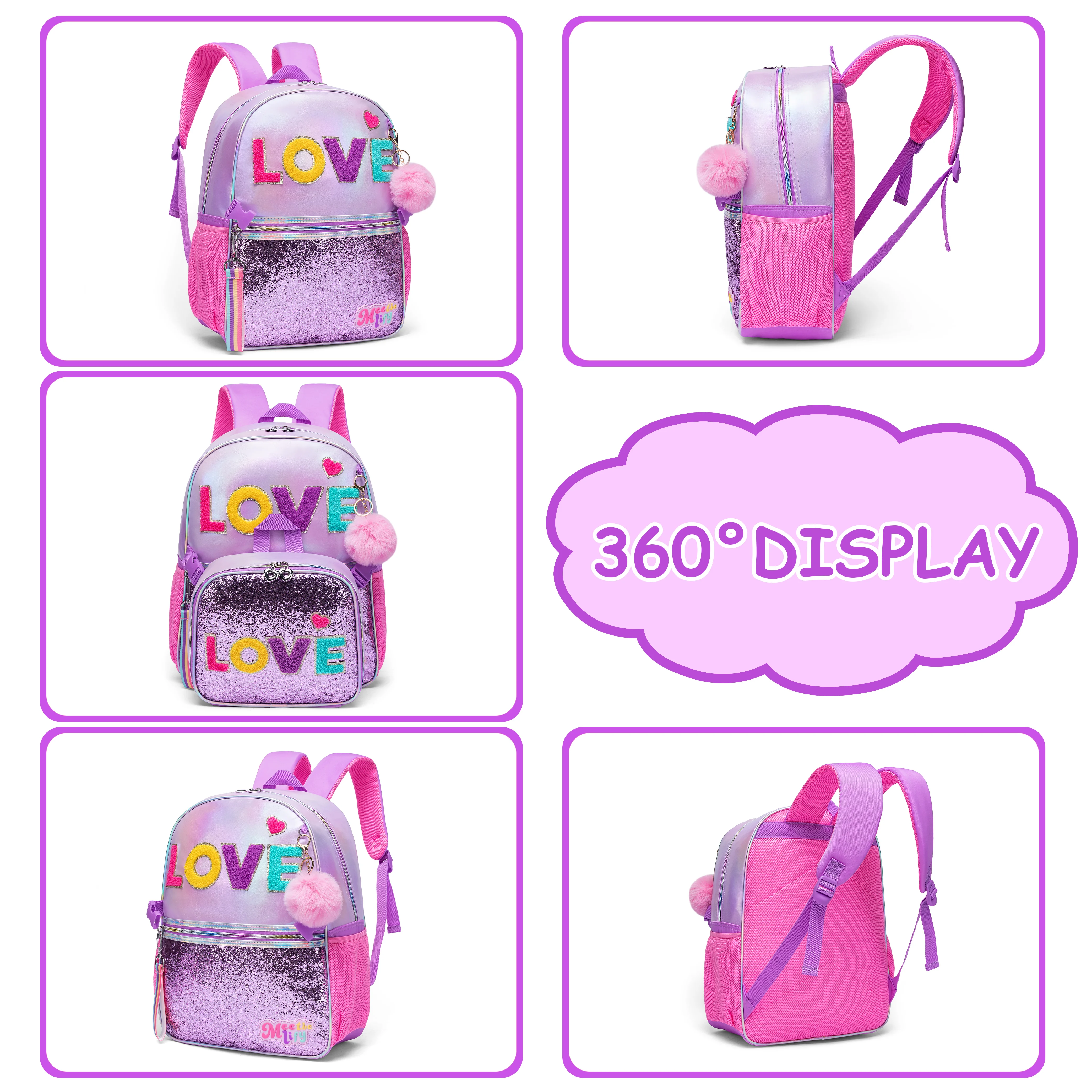 Backpack for Girls 16" Backpacks for Girls for School Sequin Backpack with Lunch Box for Elementary Students