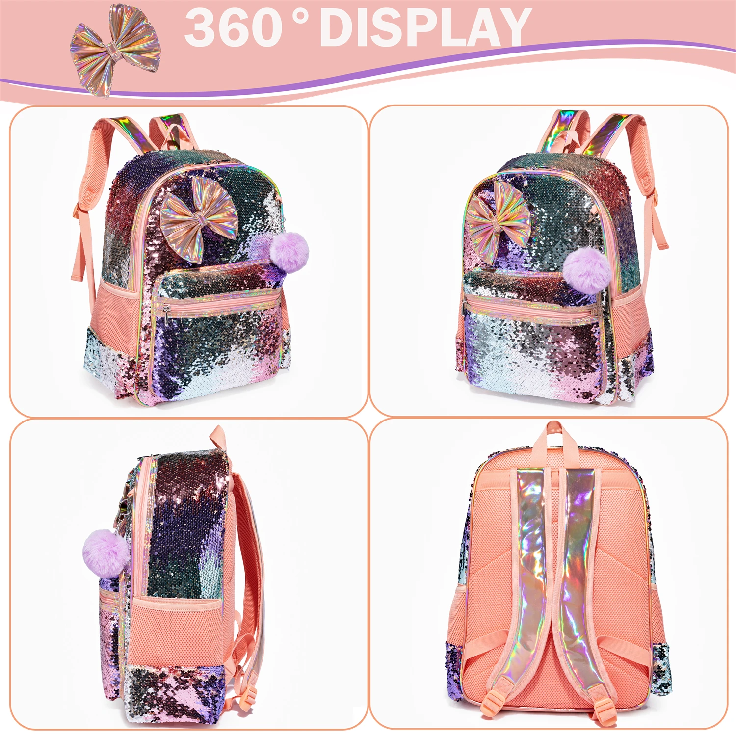 Backpack for Girls 16" Backpacks for Girls for School Sequin Backpack with Lunch Box for Elementary Students