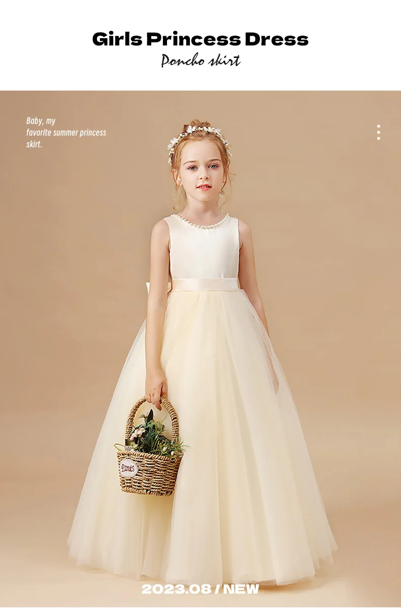 Girls' Premium Princess Dress with Oversized Bow – Full Tulle Flower Girl & Recital Gown for Piano Performances
